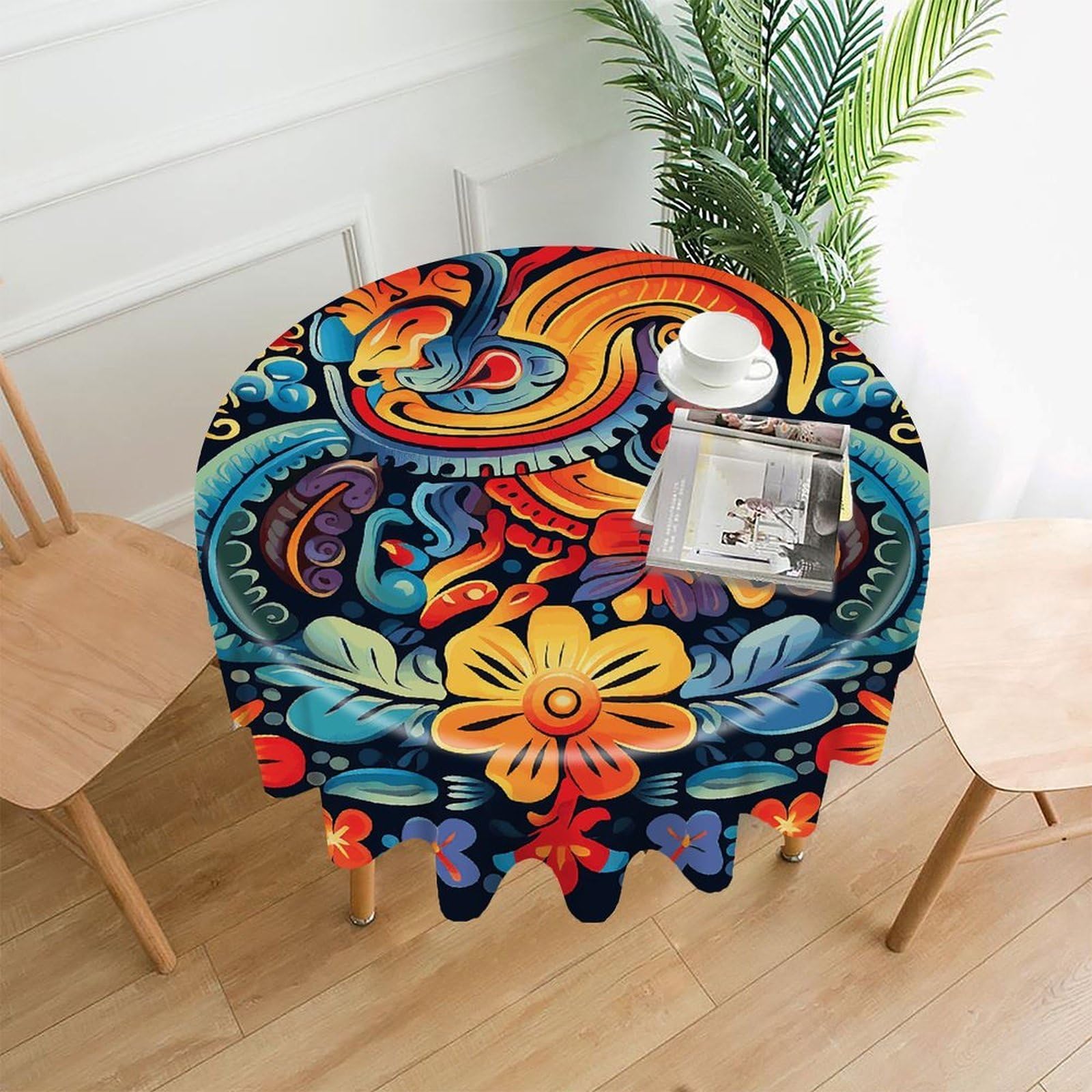 VstaDank Mexican Table Cloth Fashions Washable Round Tablecloth Decorative Table Cover Comfortable Straight Edge Tablecover for Dining Kitchen Party Outdoor 60 Inch