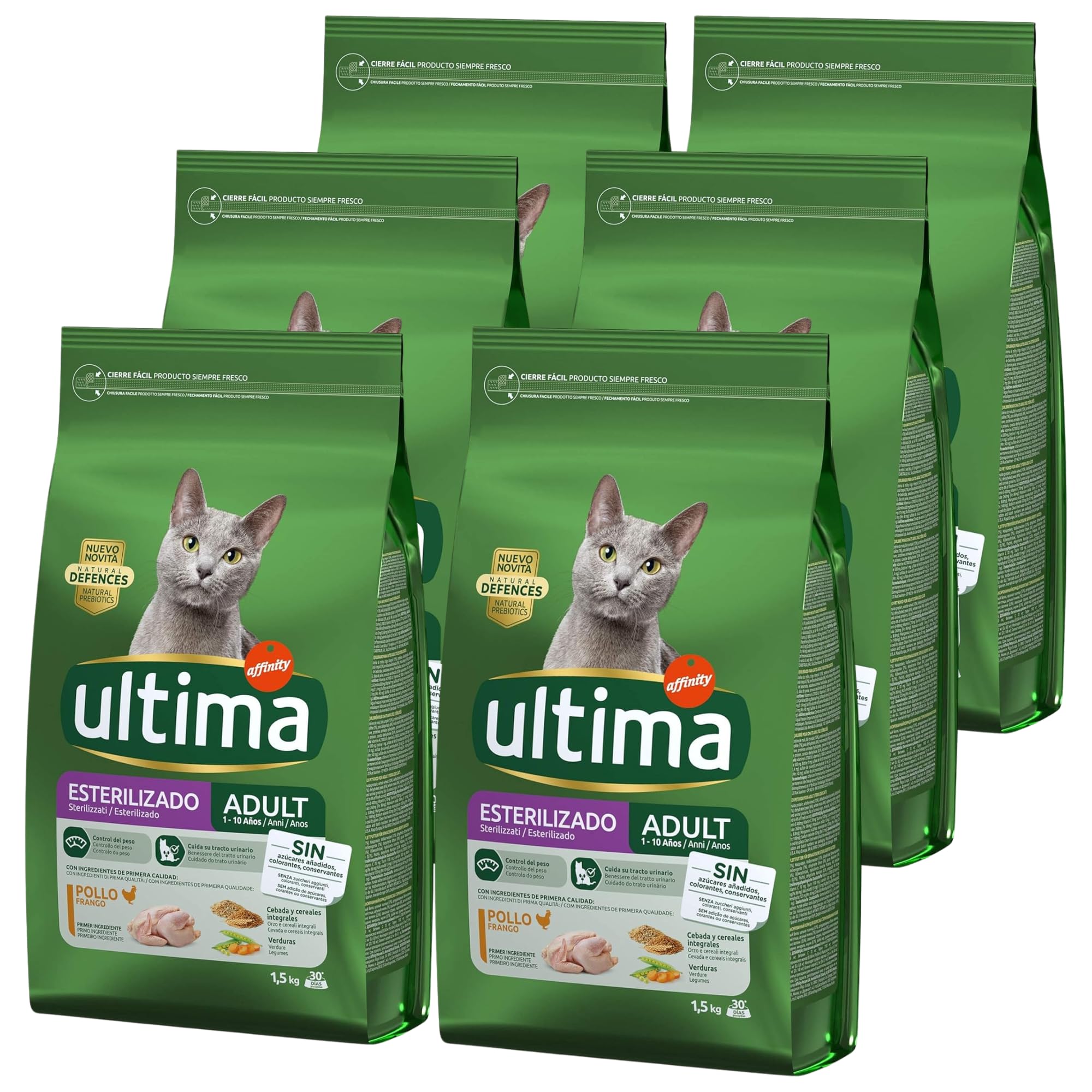 Última croquetas para gatos esterilizados, con pollo, cebada, cereales integrales y verduras, 1,5 kg (6 paquetes)