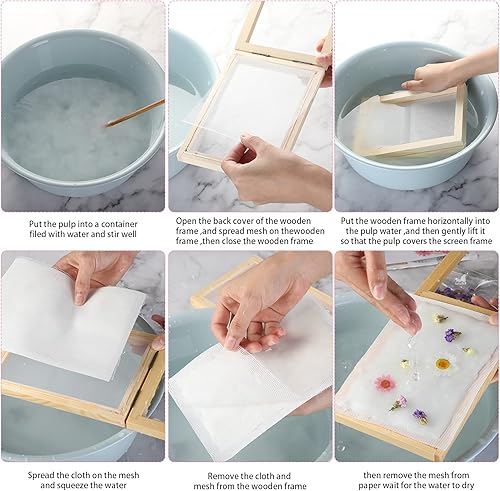 Miniatura 3 de Honoson Kit de fabricación de papel de 12 piezas, marco de molde de madera de 2 tamaños, flores secas, esponja con paño de malla de repuesto para