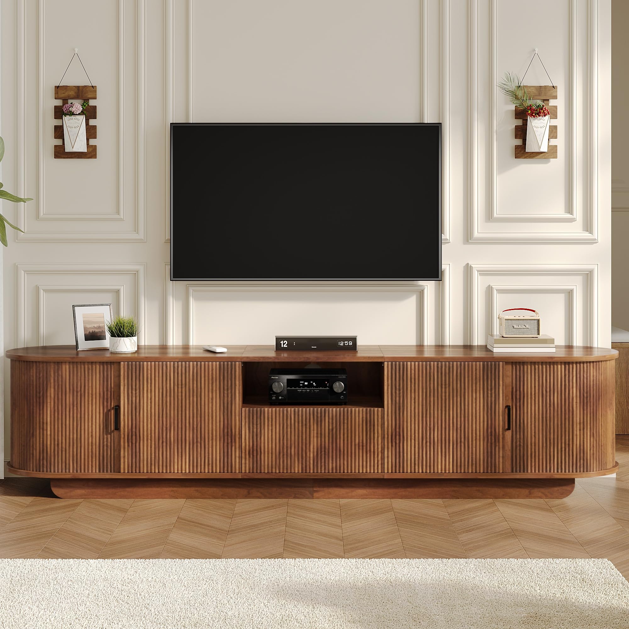 Mobile basso per TV con ante scorrevoli, struttura ondulata 3D, cassetto, scomparto aperto, per soggiorno, 200 x 40 x 50 cm (larghezza x profondità x altezza), noce