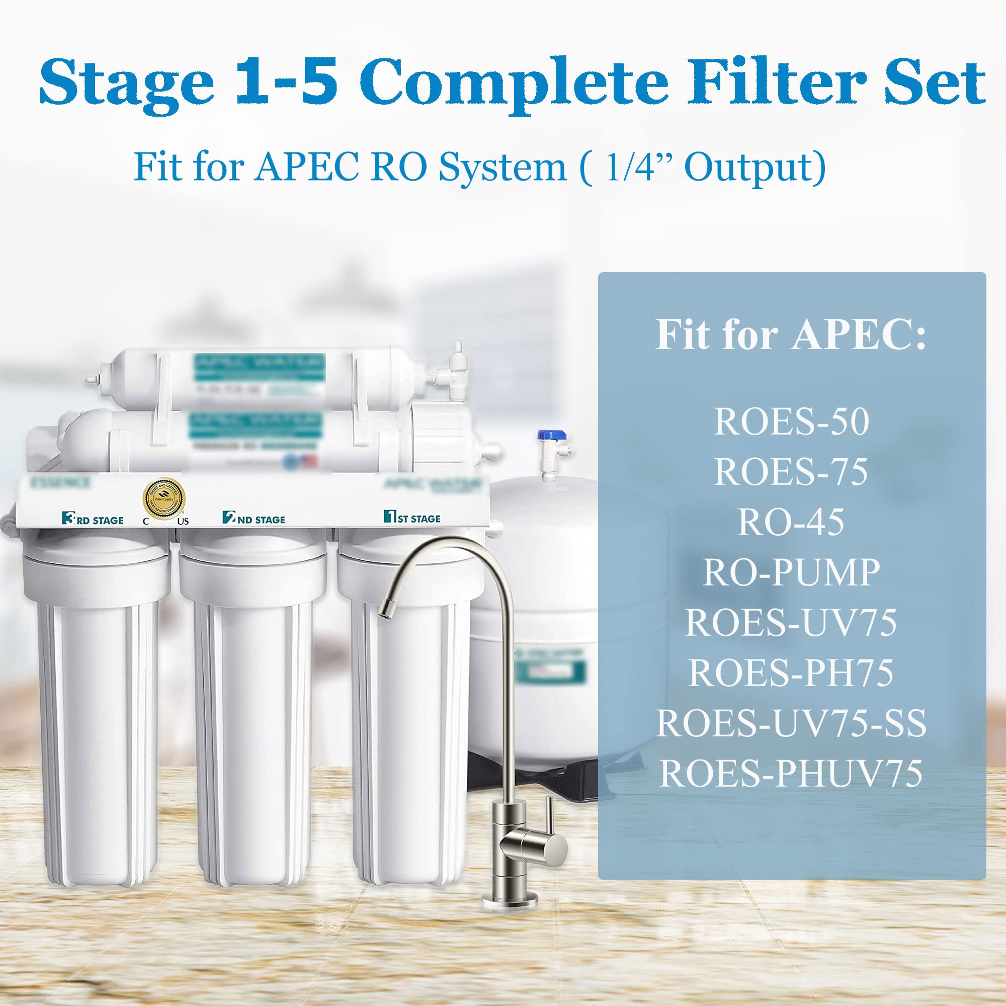 Vegebe 1-5 Stage 50 GPD RO Filtro Acqua Set di Ricambio Adatto per Sistema APEC Ad Osmosi Inversa (1/4 Output