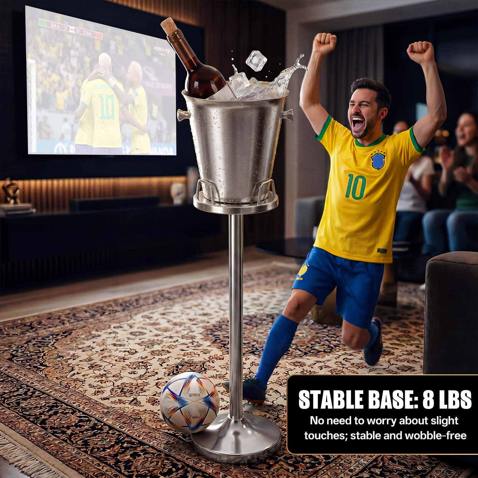 Cubo de hielo plateado con soporte, enfriador de champán de acero inoxidable 201 con asa de transporte, cubo de hielo de pie para vino, cerveza, karaoke, club, bar, barbacoa, fiesta, 5 L