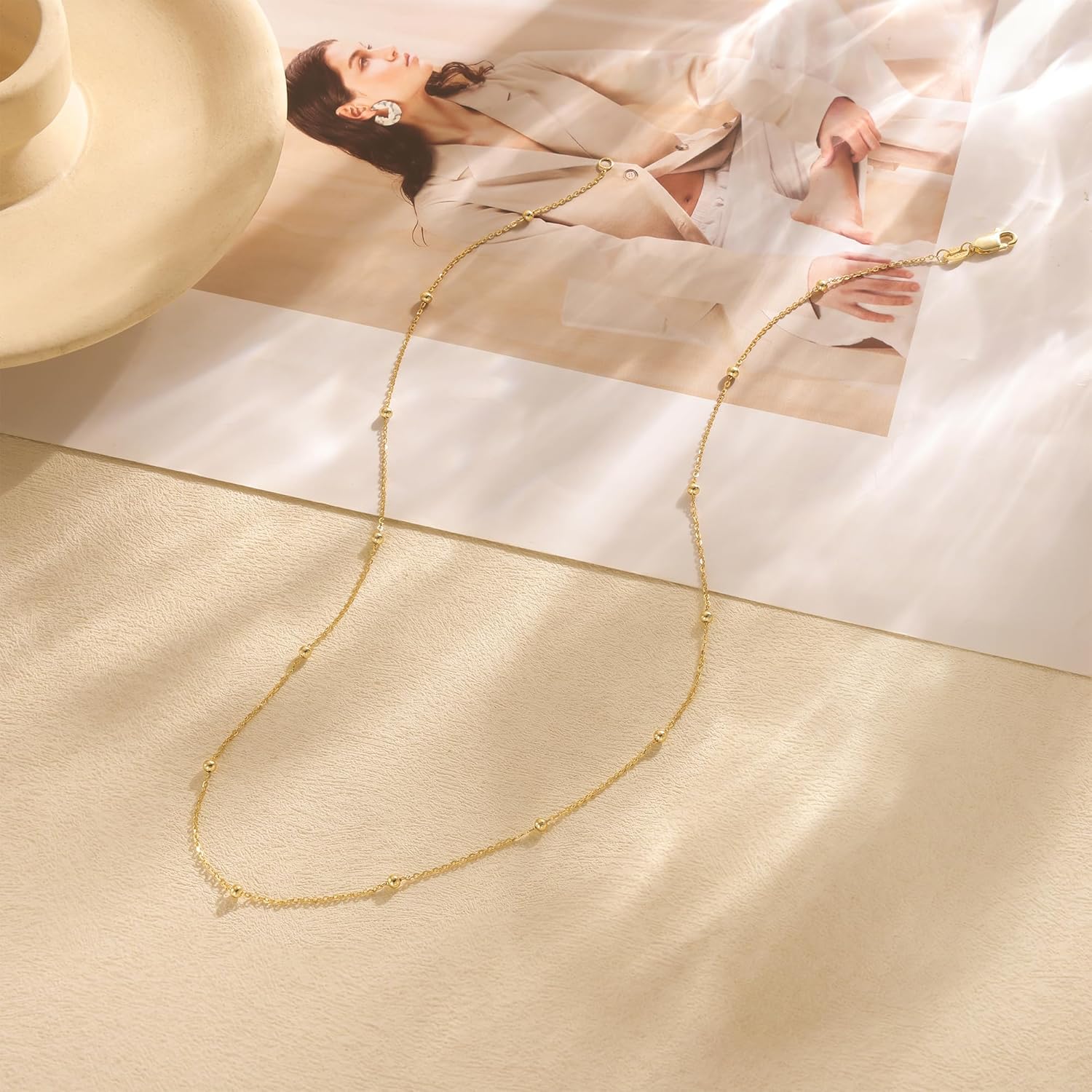 925 Sterling Silver Chain Necklace 16K Gold Plated Beaded Chain Necklace for Women Simple Dainty Choker Necklace Satellite Waterproof Link Necklace Trendy Jewelry Gifts - Image 6