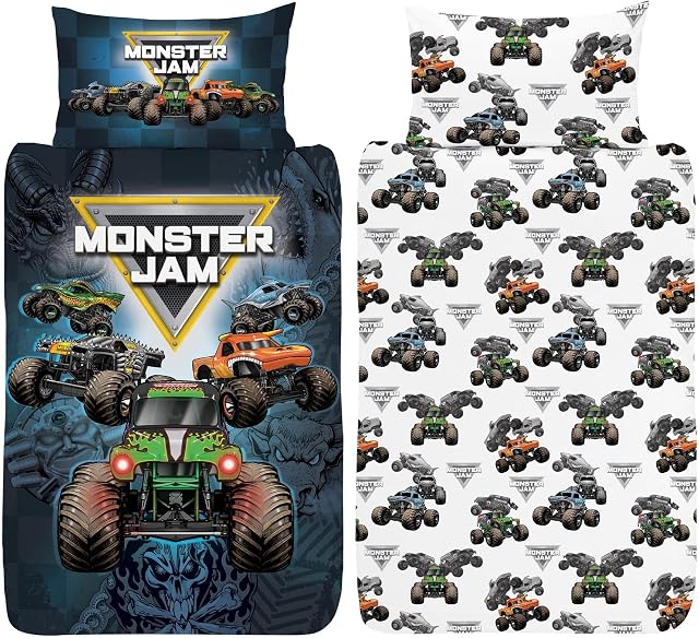 Monster Jam Single Duvet Cover - Grave Digger, Max-D, Megalodon, Dragon & El Toro Loco Design - Officially Licensed Reversible Bedding set with matching Pillowcase - Polycotton, Multi - Monster Jam