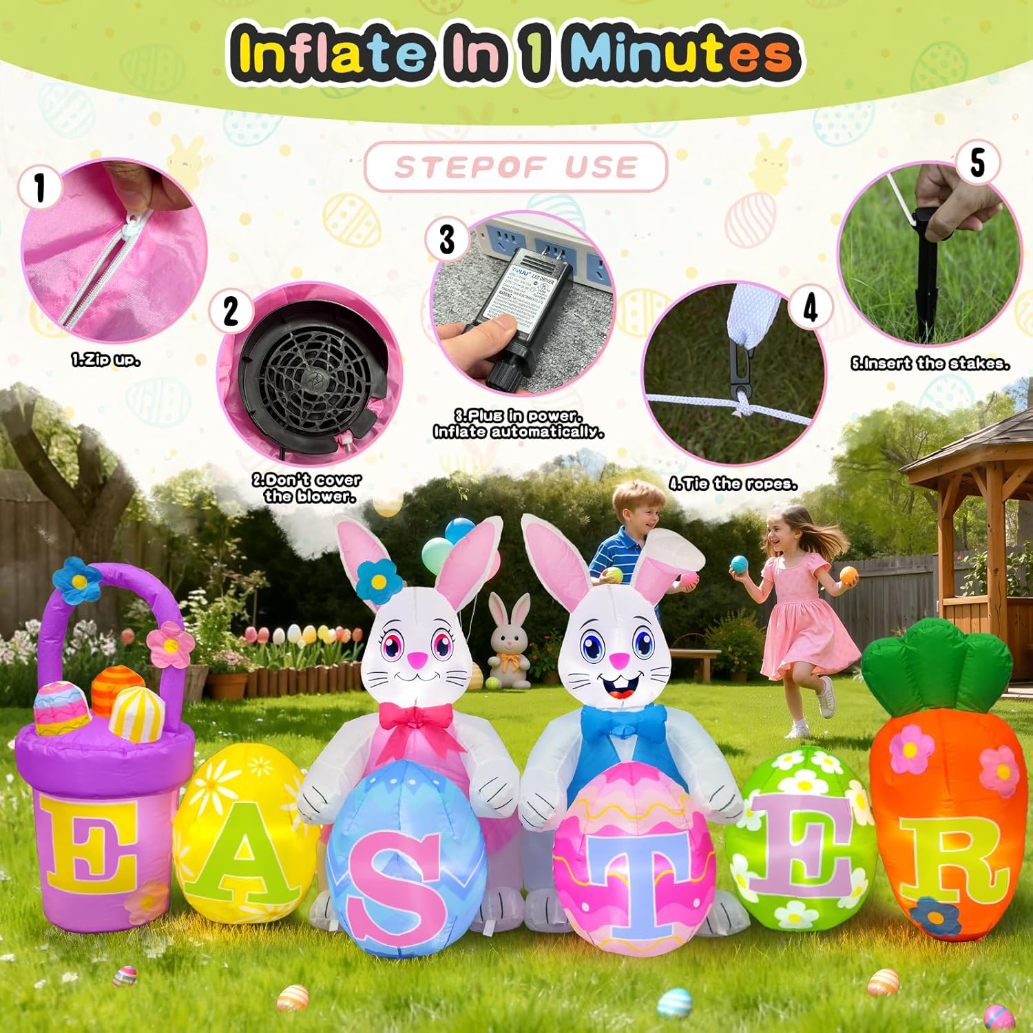 Spinosaurus 8FT Easter Inflatables Outdoor Decorations Inflatable Easter Bunny Egg Basket Carrot with LEDs Easter Blow Up Yard Decorations