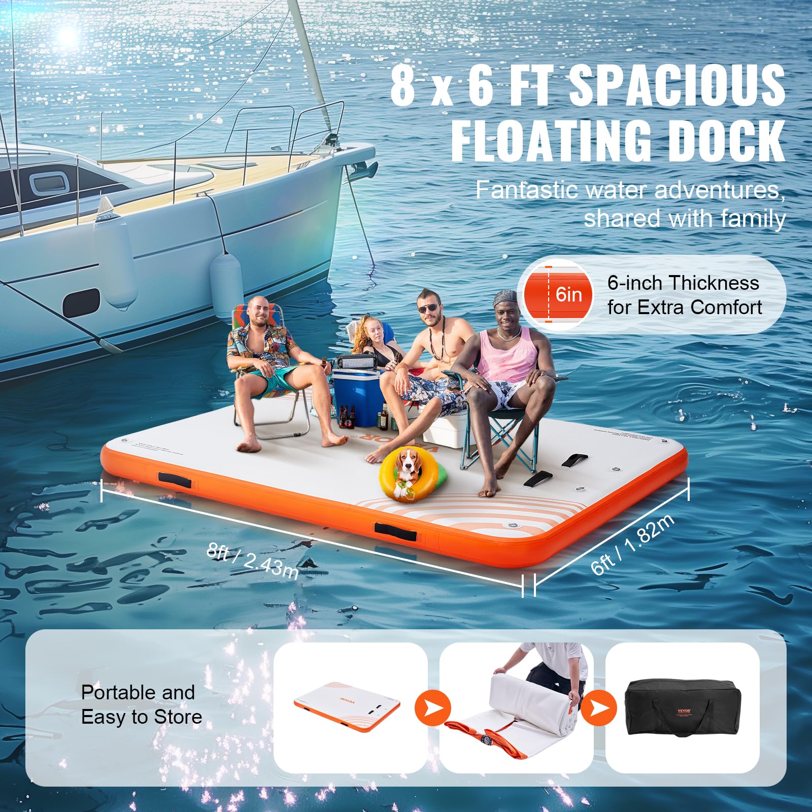 VEVOR Quai Flottant Gonflable, Plateforme de Quai Gonflable, Tapis de Quai Flottant antidérapant avec échelle Amovible et Sac de Transport Portable, Plate-Forme Flottante pour océan, Piscine, Plage