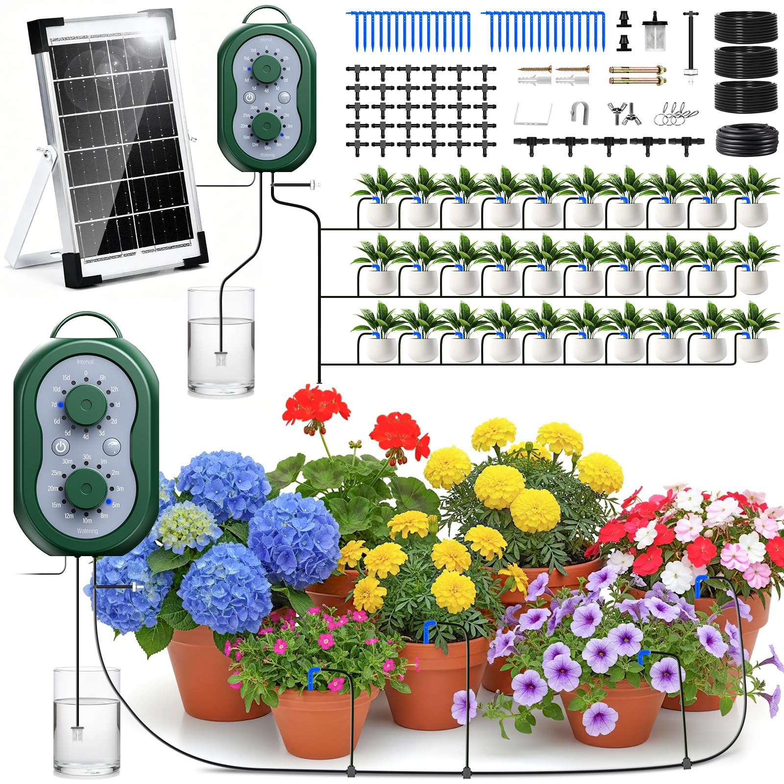 Solar Bewässerungssystem, Automatische Bewässerungssystem Garten für 30 Topfpflanzen, Solar Tröpfchenbewässerung mit Timer und 35M Schlauch für Garten,Balkon Pflanzen,Kübelpflanzen im Freien