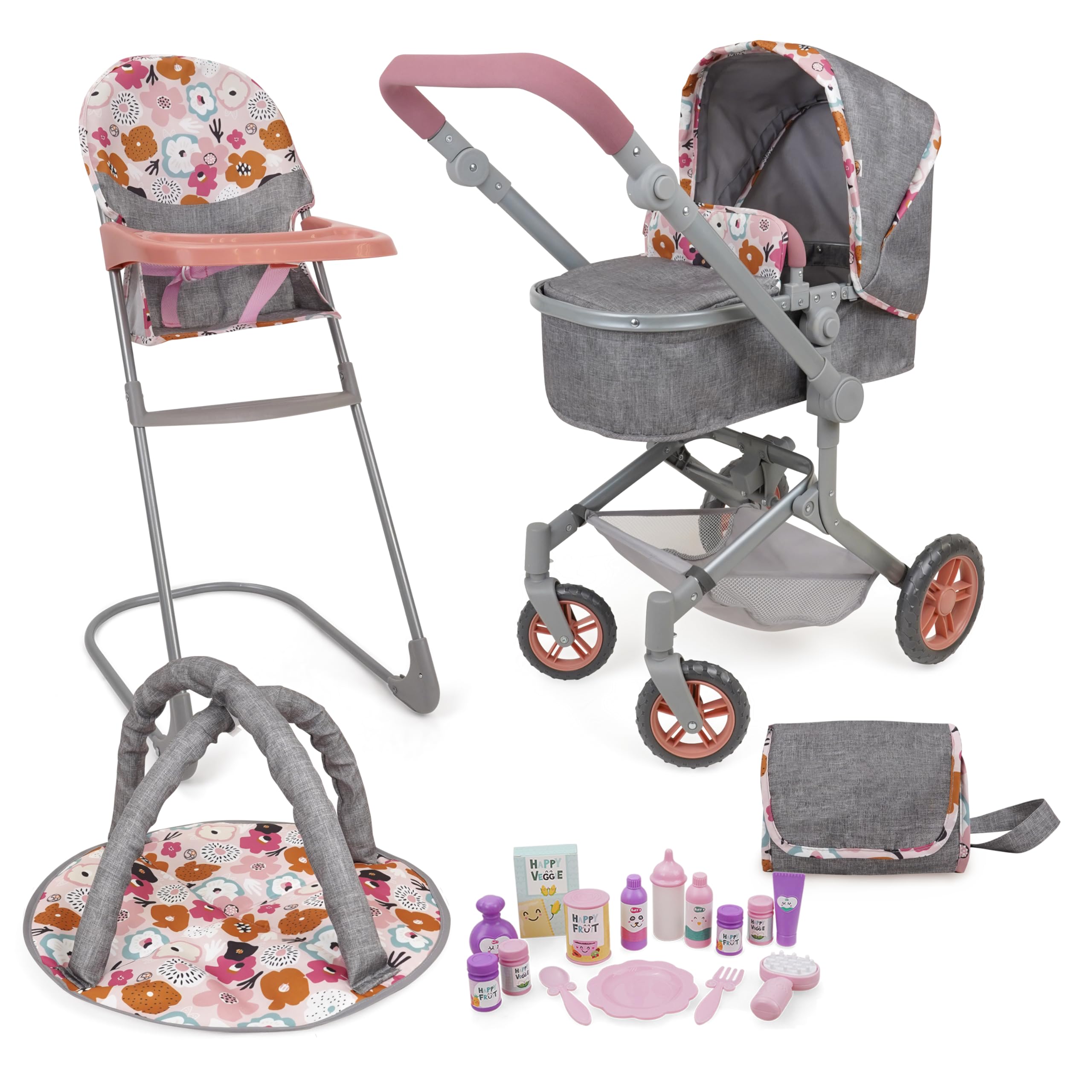 509 Zestaw 19 szt. City Park Doll Pram n Play, Multi Play Doll Pram Stroller, High Chair, Activity Gym, Changing Bag, 15 sztuk, akcesoria do lalek 53 cm, dla dzieci w wieku 3+