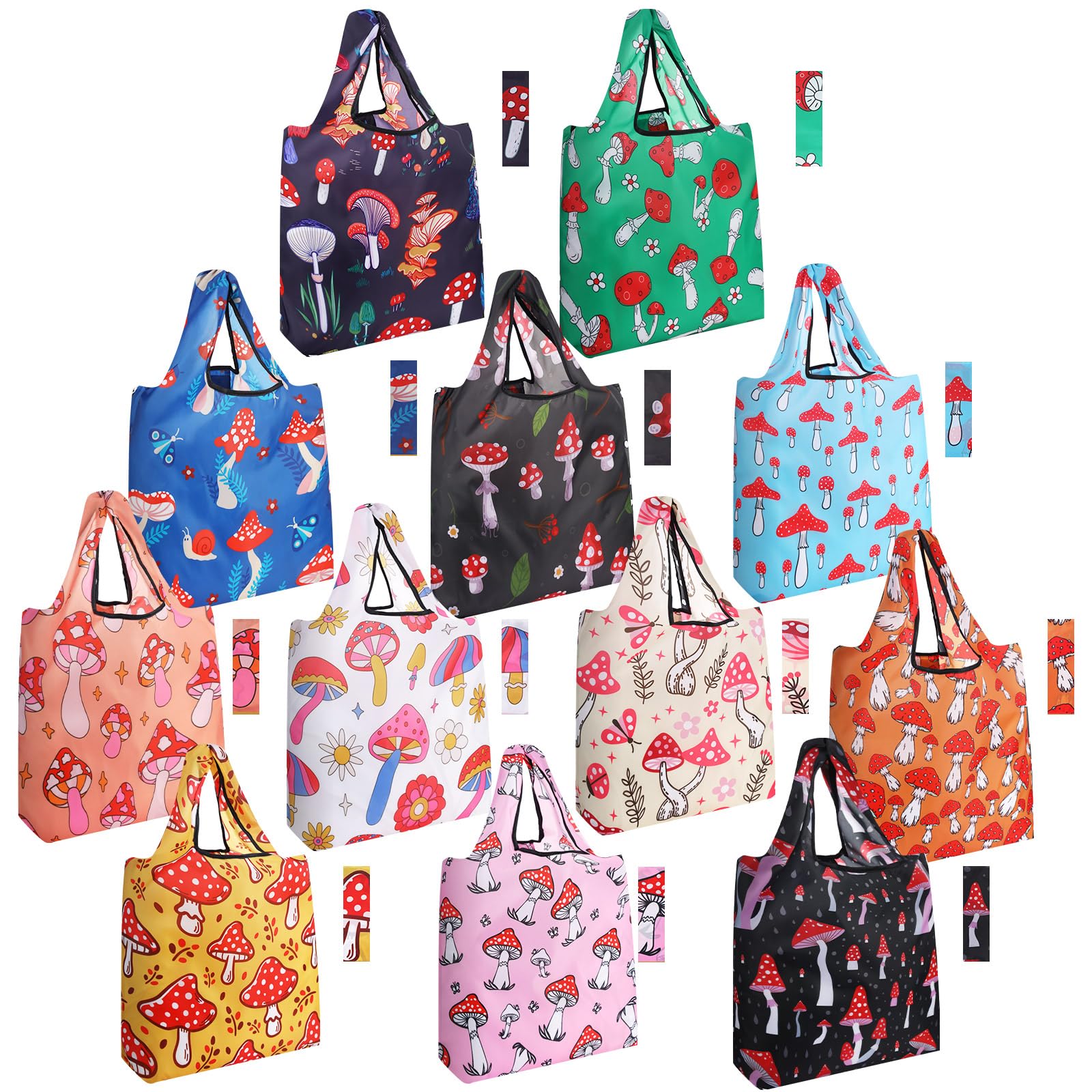 Teenyyou 12 Pcs Reusable Grocery Bag Foldable Shopping Tote for Women Washable Tote Bag Bulk with Handles Gift Handbag(Mushroom)