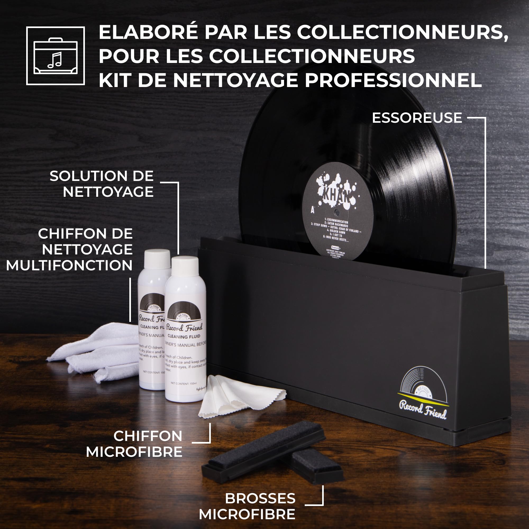 Big Fudge Kit Nettoyage Vinyles - Machine à Laver pour Vinyle avec Solution de Lavage Vinyle, Brosse Intégrée, Rack de Séchage - Nettoyeur a Disque Professionnel
