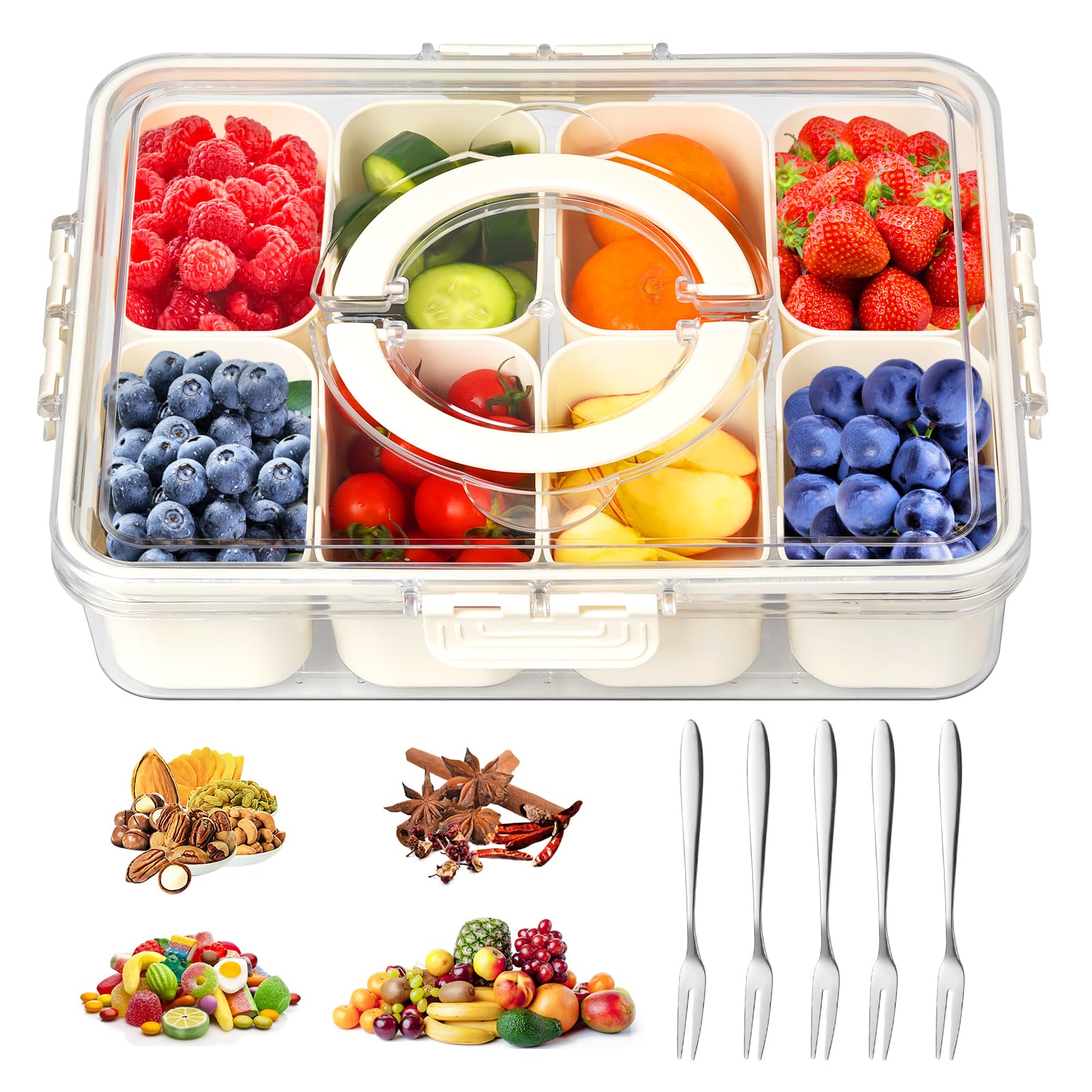 Snackbox Mit 8 Fächern & Deckel – Transparente Aufbewahrungsbox Für Obst, Nüsse, Süßigkeiten, BPA-frei, Mit Griff (29x22x7 Cm)