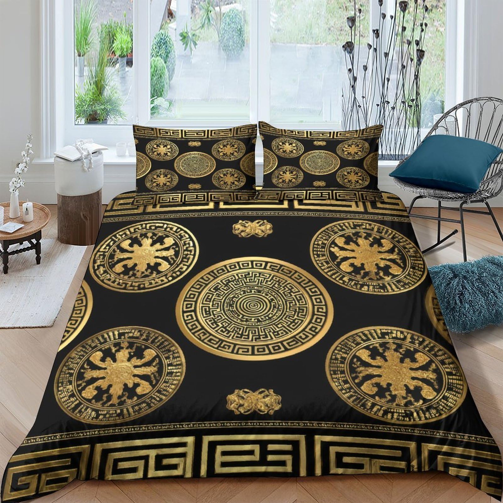 Ctjqhvkz Style-5 3D Printed Golden Mandala Fitted Sheet Microfiber Soft Black Greek Pattern Bed Cover For Bedroom Dorm Decor Single（135X200cm）