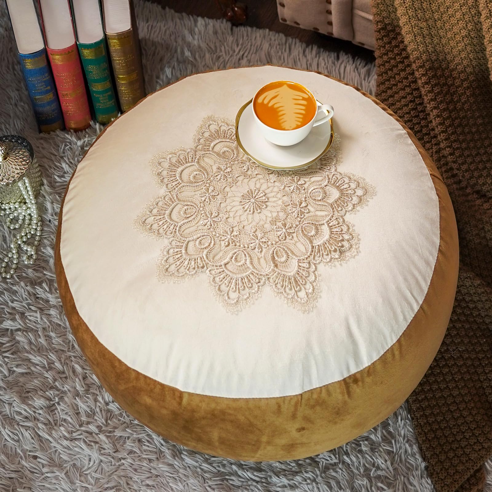 ARTABLE Unstuffed Pouf Ottoman Cover Lace Decorative Soft Storage Bean Bag Pouf Seat Elegant Flower Fabric Floor Footrest for Living Room Bedroom