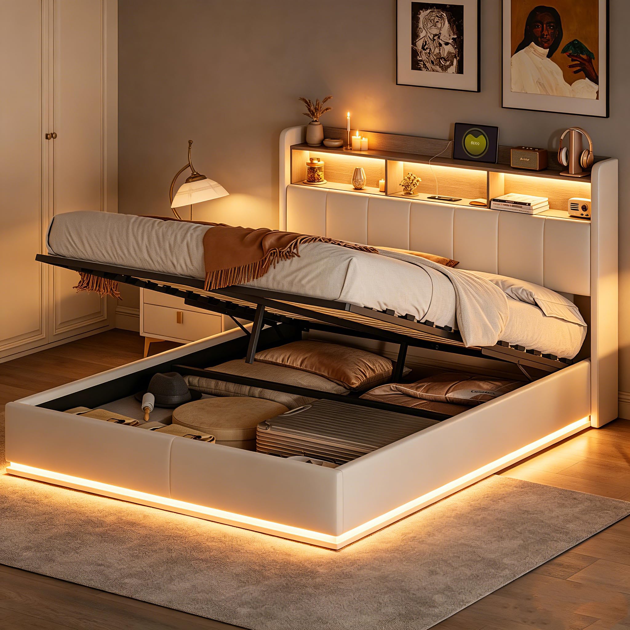 Letto contenitore imbottito 160x200 con LED e USB,Letto matrimoniale con idraulica contenitore,Lettos a pavimento imbottito con doghe,Testiera con vano portaoggetti, Bianco (160 x 200 cm)