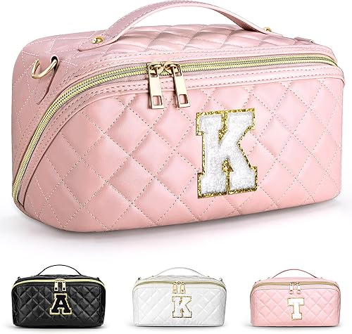 Miniatura 1 de TOPEAST Bolsa de maquillaje acolchada, bolsa de cosméticos de gran capacidad, bolsa organizadora de maquillaje inicial, Rosado, K