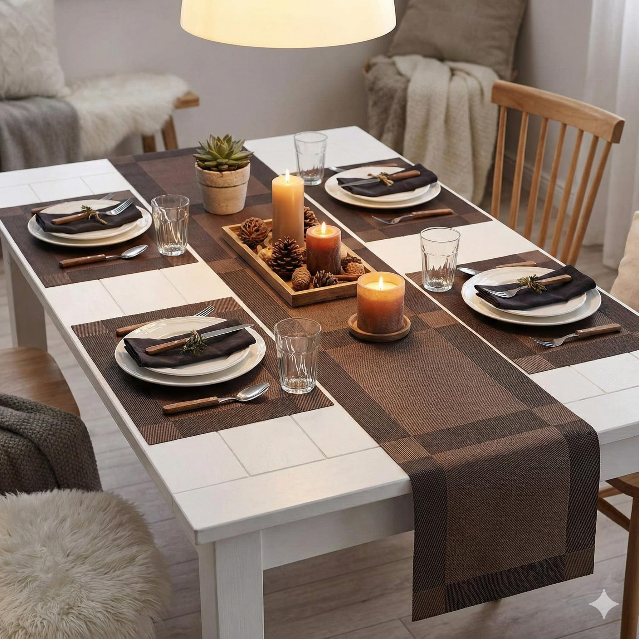 YELONA Dining Table Placemats and Runner Set - Heat Resistant, Washable, Stain Resistant Mats - Woven Vinyl Plastic - Easy to Clean-(45x30 cm 4 Placemats, 180x30 cm 1 Runner)-Ideal for Stylish Dining