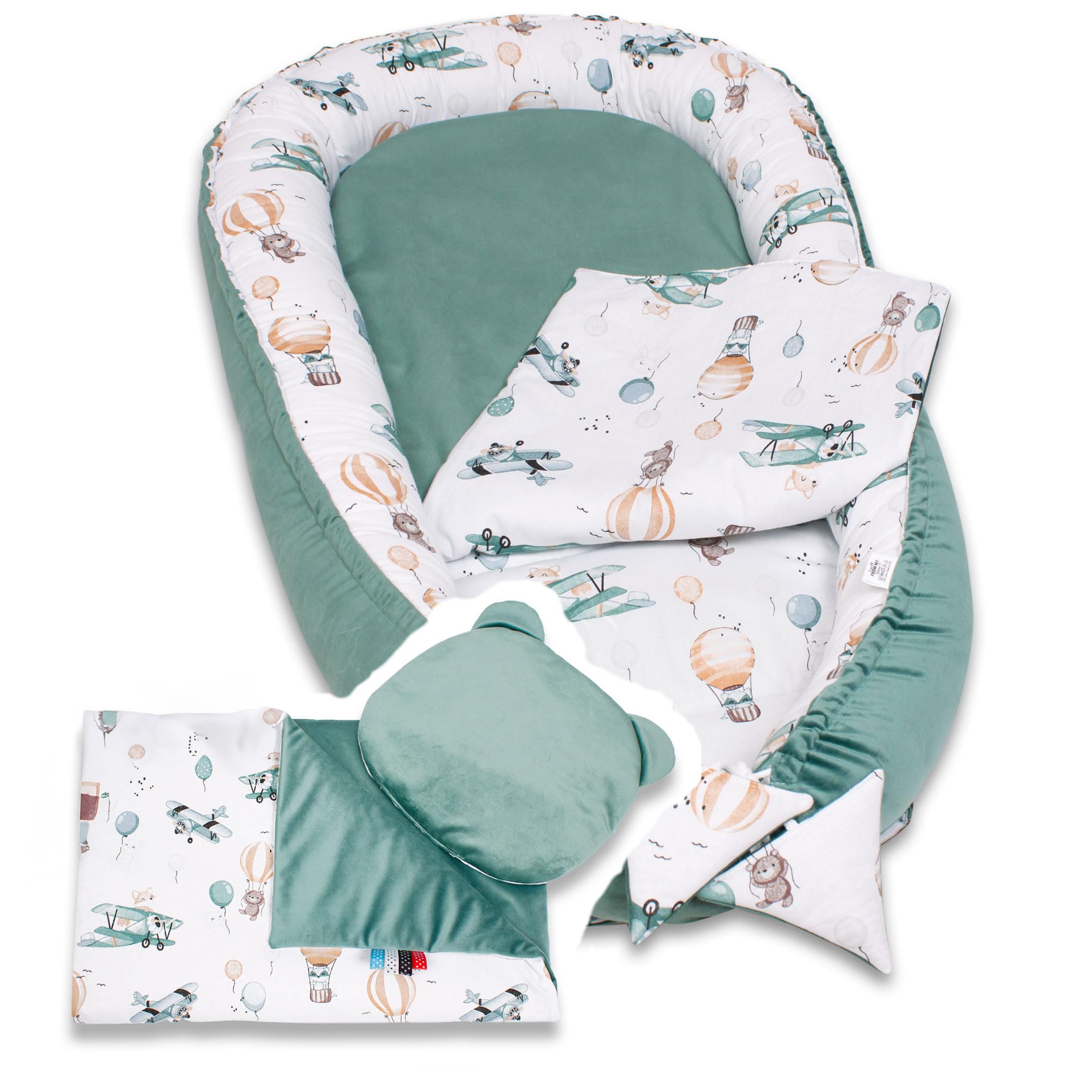 PaLulli 4-TLG Premium Velvet Baby Ausstattung-Set Kuschelnest Babynest 100x55cm herausnehmbarer Baby-Matratze, Kuscheldecke Flachkissen Babybett 100% Baumwolle Hypoallergisch (Baloon)