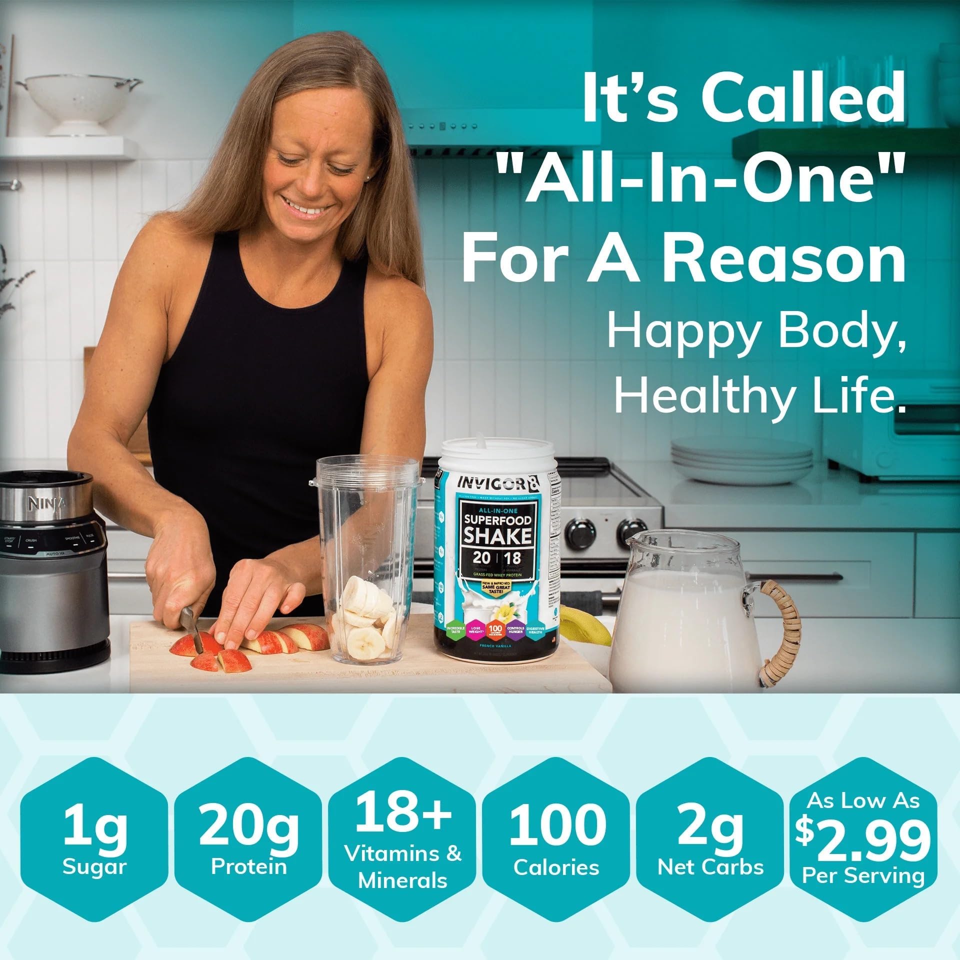 - INVIGOR8 Superfood Grass Fed Whey Protein Isolate Shake French Vanilla Gluten-Free and Non GMO Meal Replacement with Probiotics and Omega 3 (483g)