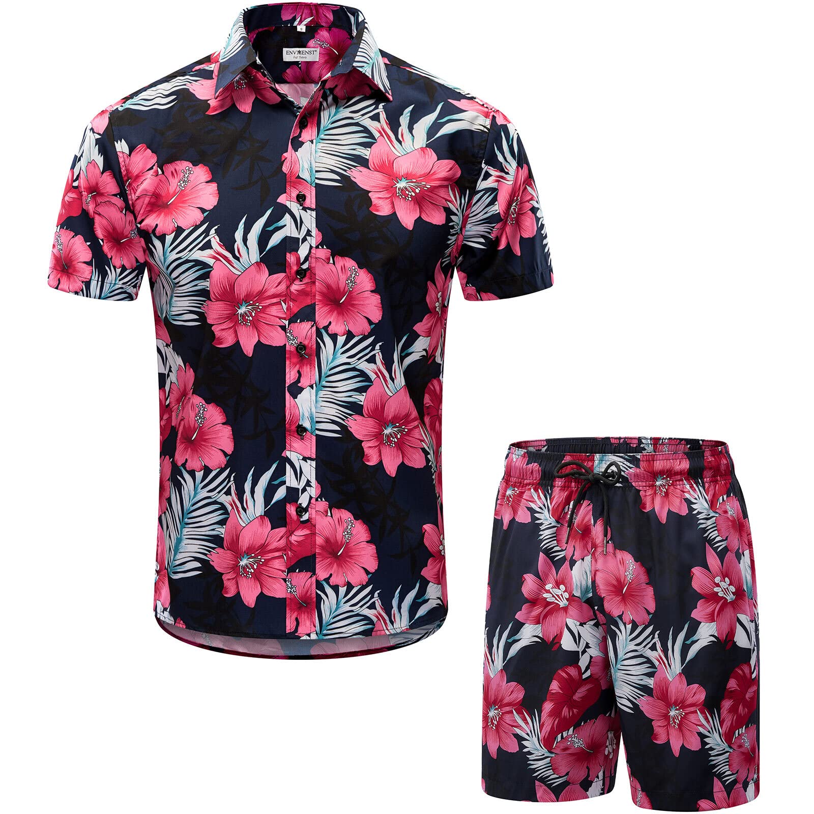 ENVMENSTHawaiian Shirt Suits for Men Short Sleeve Beach Printed Casual Button Down Aloha Shirt Sets