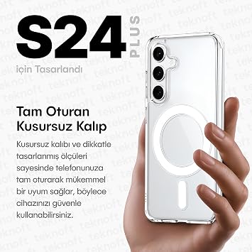 Teknoft Samsung Galaxy S24 Plus için MagSafe ile Uyumlu Şok Emici Silikon Kenar Sararma Önleyici Arkası Sert Parmak İzi Tutmayan Darbeye Dayanıklı Manyetik Şeffaf Kılıf