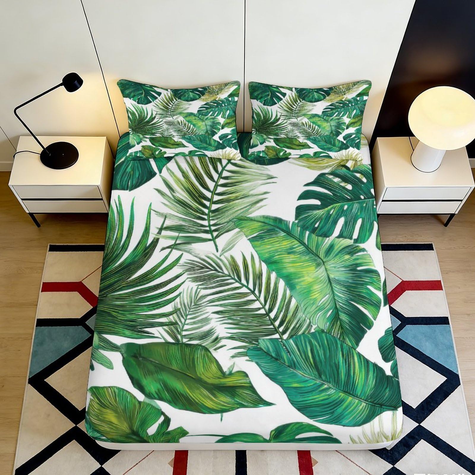 3D Printed Tropical Leaf Fitted Sheet Microfiber Soft Green Botanical Mattress Cover for Bedroom Dorm Mattress Protection Decor 120x200x25cm