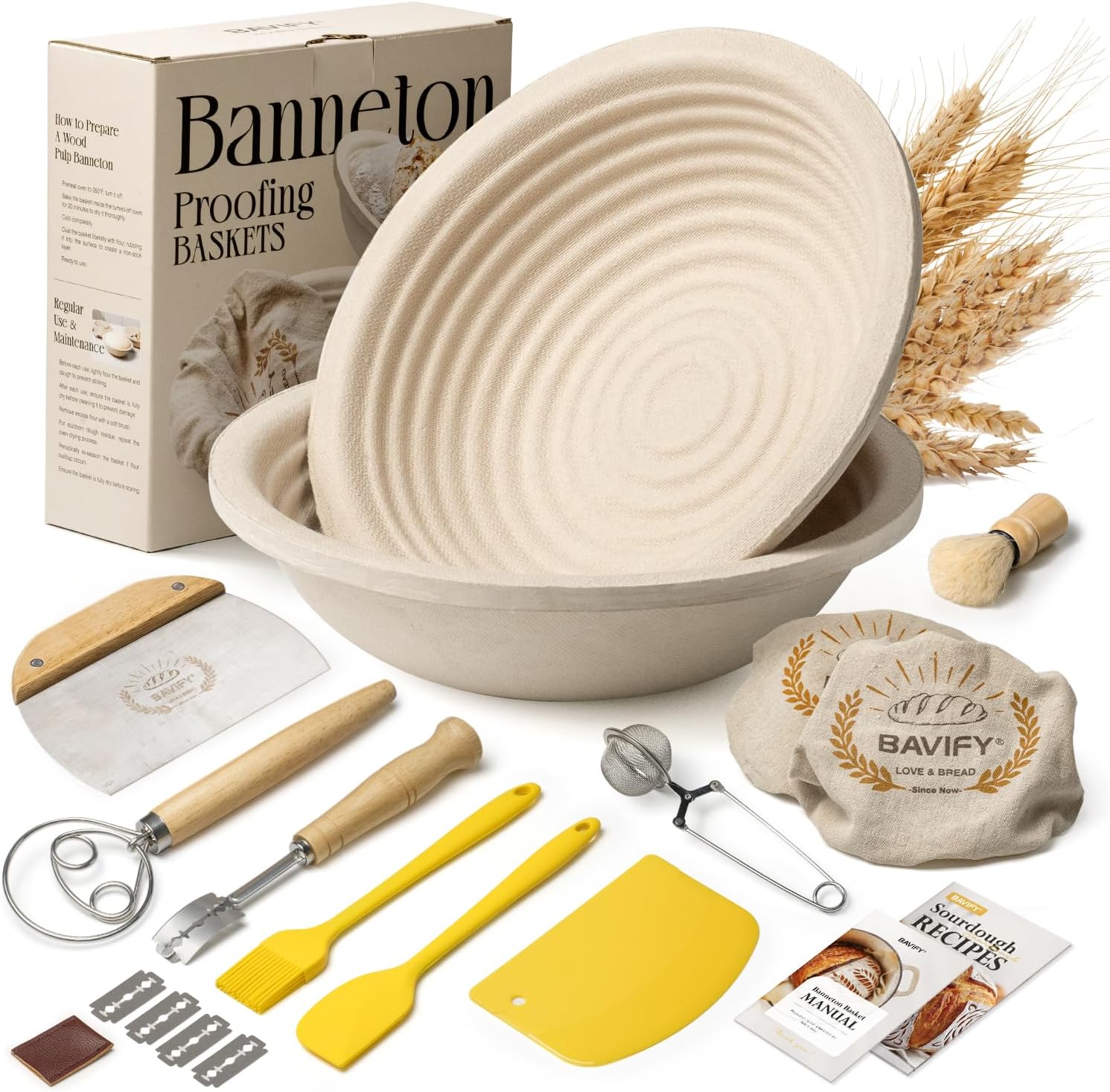 Wood Pulp Banneton Bread Proofing Basket Set, 9" 2.2LB Round Sourdough Banneton Basket Kit, Sourdough Bread Making Tool Baking Supplies with Proofing Bowl, Cover, Dough Whisk, Lame, Scraper