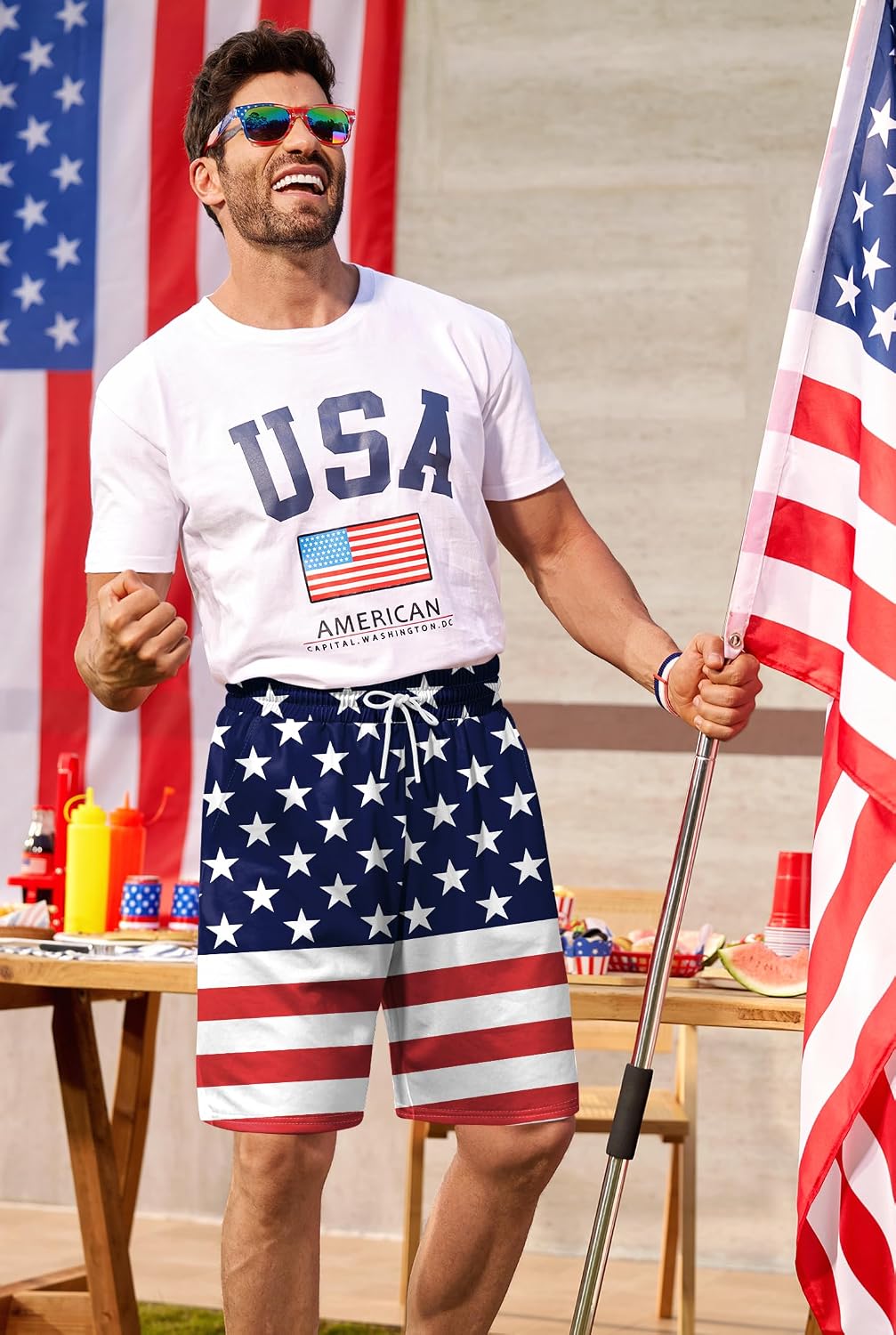 Arvilhill Men American Flag Shorts Patriotic Stars Stripes SweatShorts with Elastic Waistband