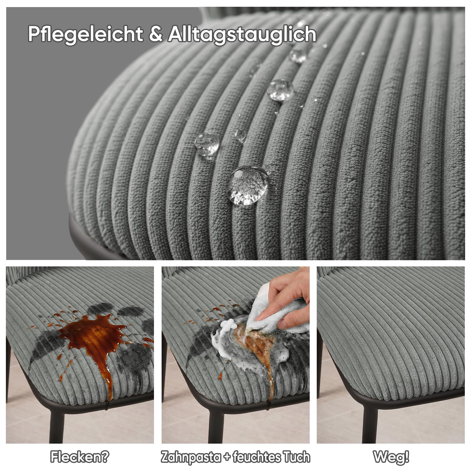 Esszimmerstühle 2er Set, Esstischstühle mit Cordbezug und Metallbeinen, ergonomische Küchenstühle armlehnlos für Esszimmer & Küche, Bequeme Stühle mit Schaumstoffpolsterung-Grau