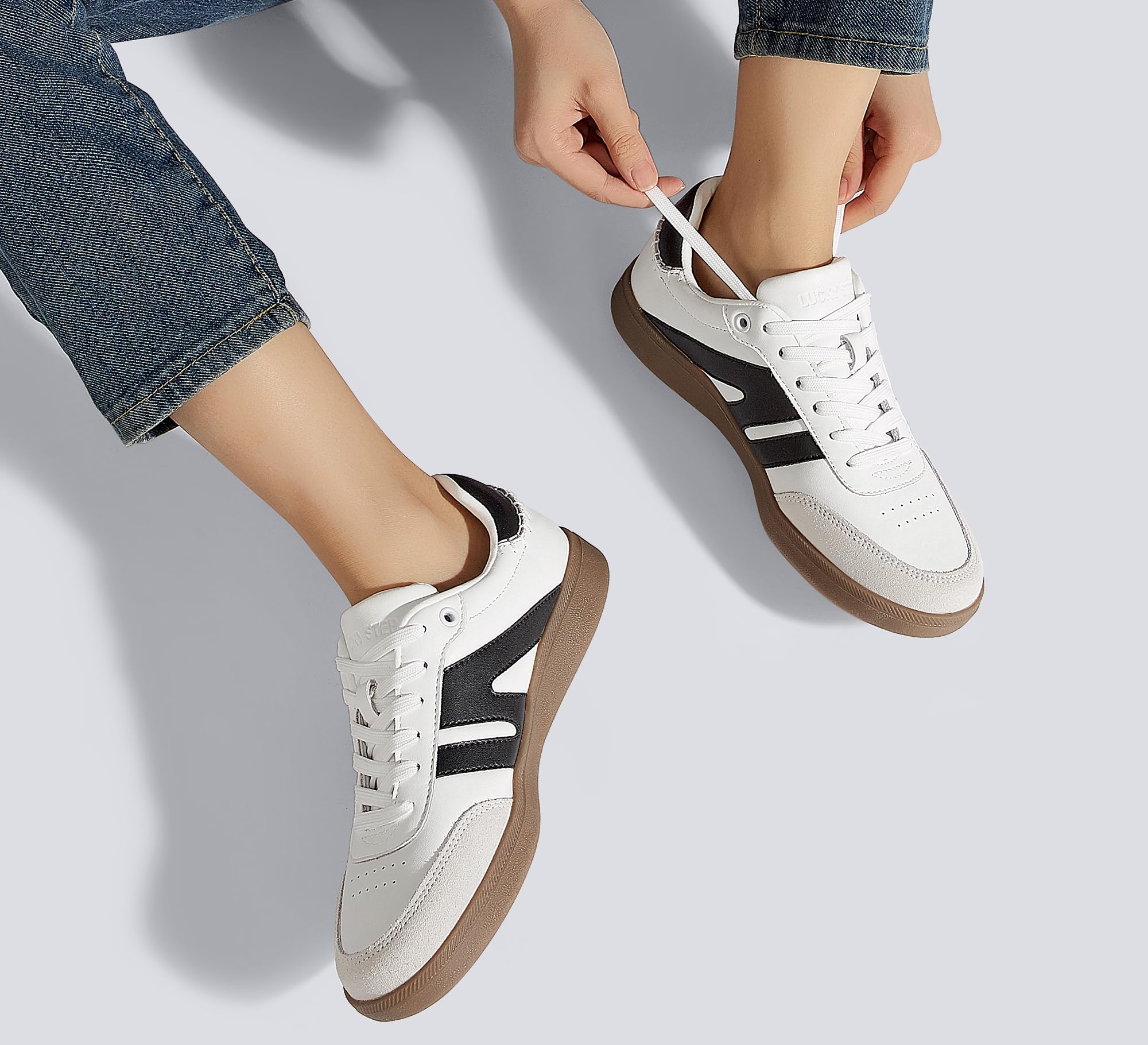 LUCKY STEP Women Classic Retro Gum Sole Fashion Sneakers Casual Tennis Skate Shoe Genuine Leather Walking Footwear Anti Slip Trainers