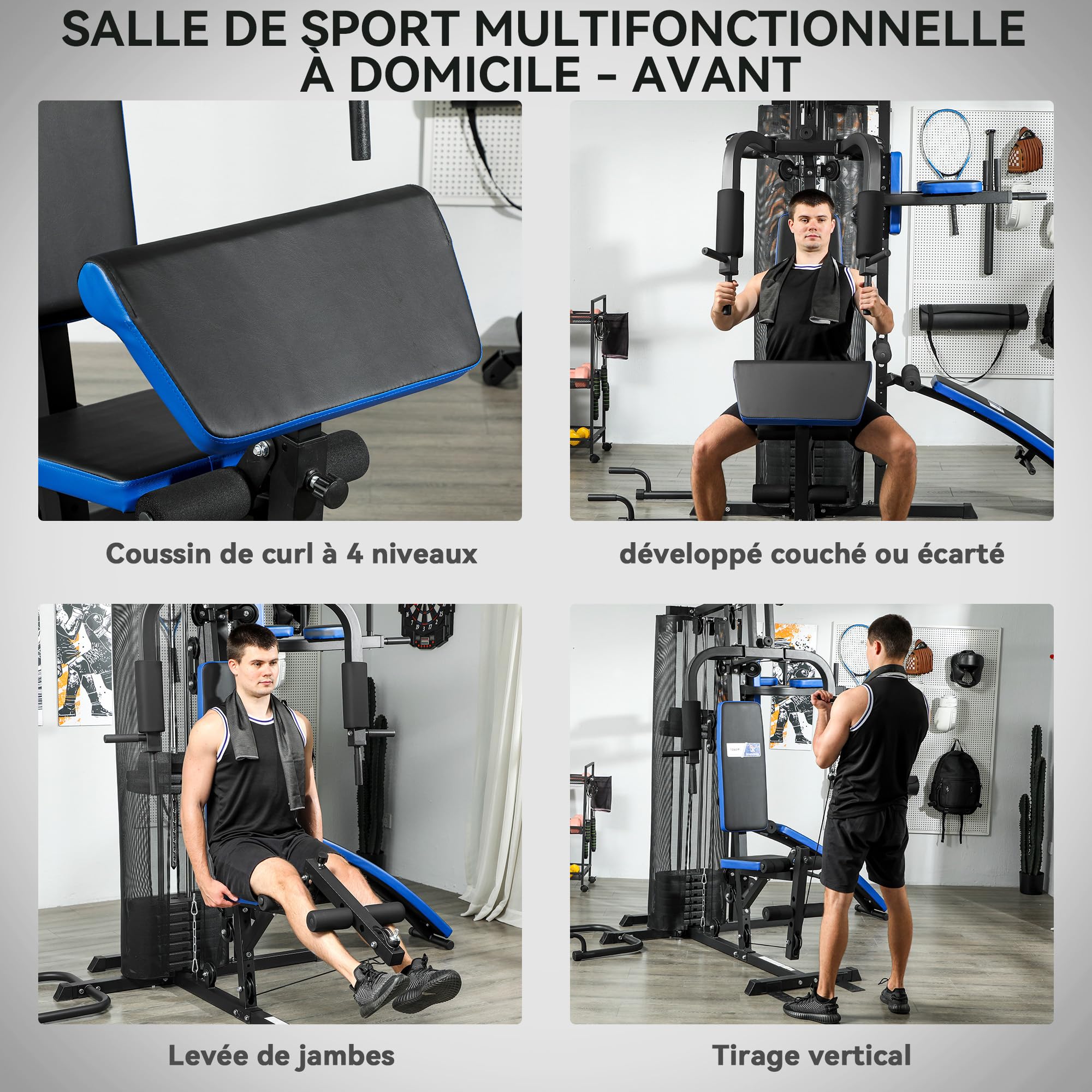 SPORTNOW Station de Musculation Multifonction Ajustable - Collaboration Aosom.FR x FFHandball - Banc Fitness 10 contrepoids 65 kg avec Filet de Protection Appareil de Musculation à Domicile