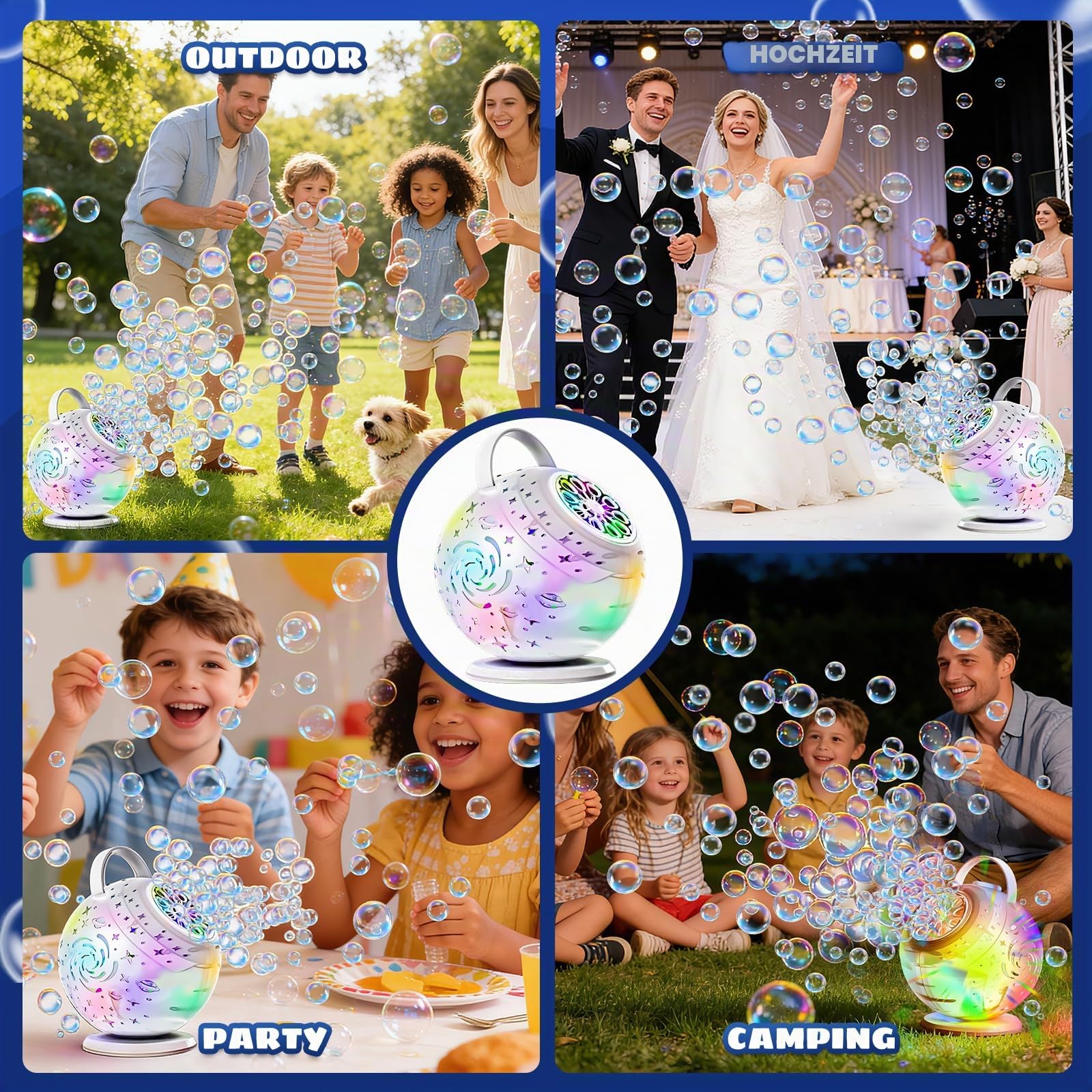 Wiederaufladbare Seifenblasenmaschine, Automatische 90°/360°-Drehung, ferngesteuertes Seifenblasenspielzeug für Kinder mit 7-farbigem RGB-LED-Licht, Seifenblasen für Hochzeiten, Partys und Geburtstage