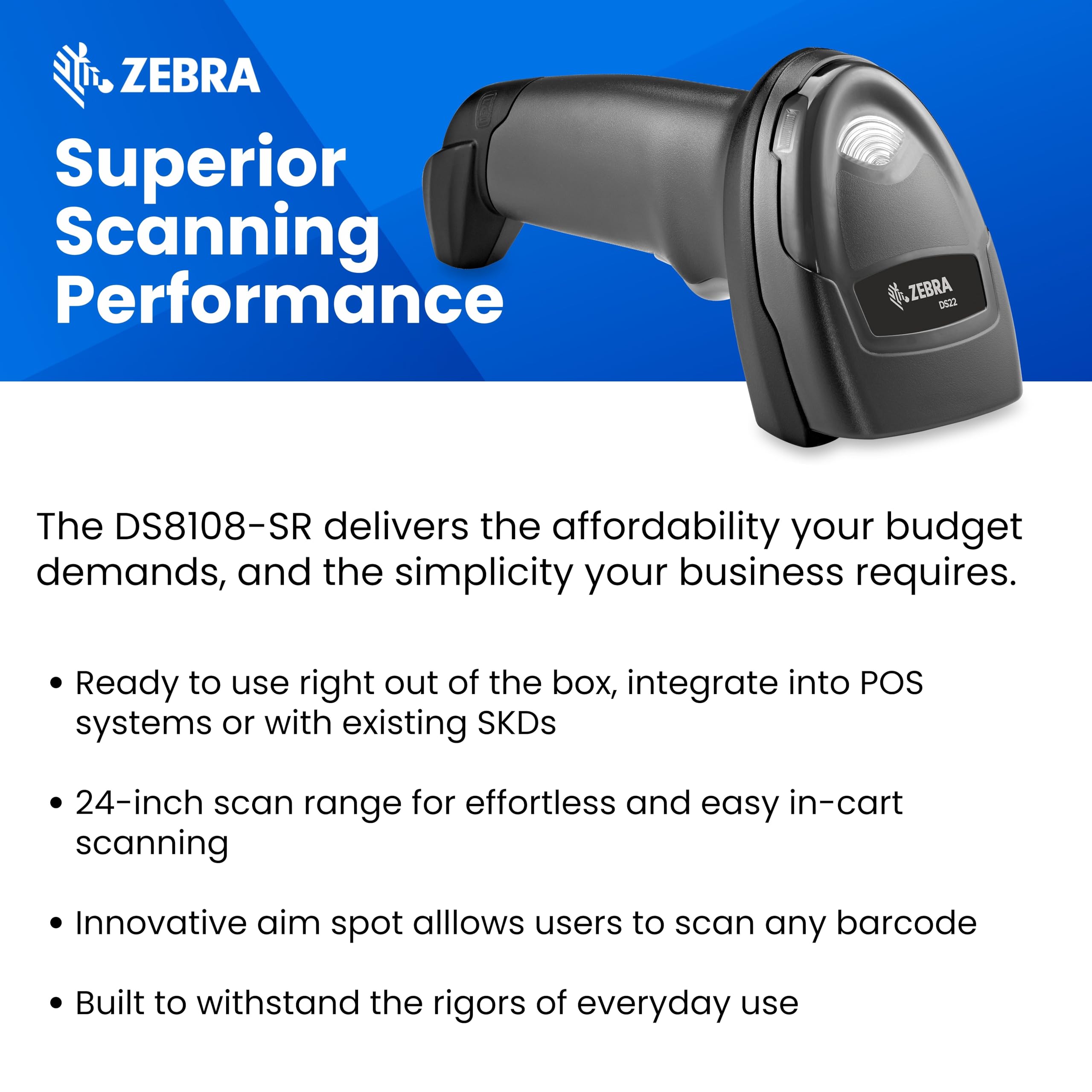 Zebra DS8108-SR Escáner de código de barras | Escáner de código QR 1D 2D de alta resolución | Kit USB | Cable USB blindado | Con cable