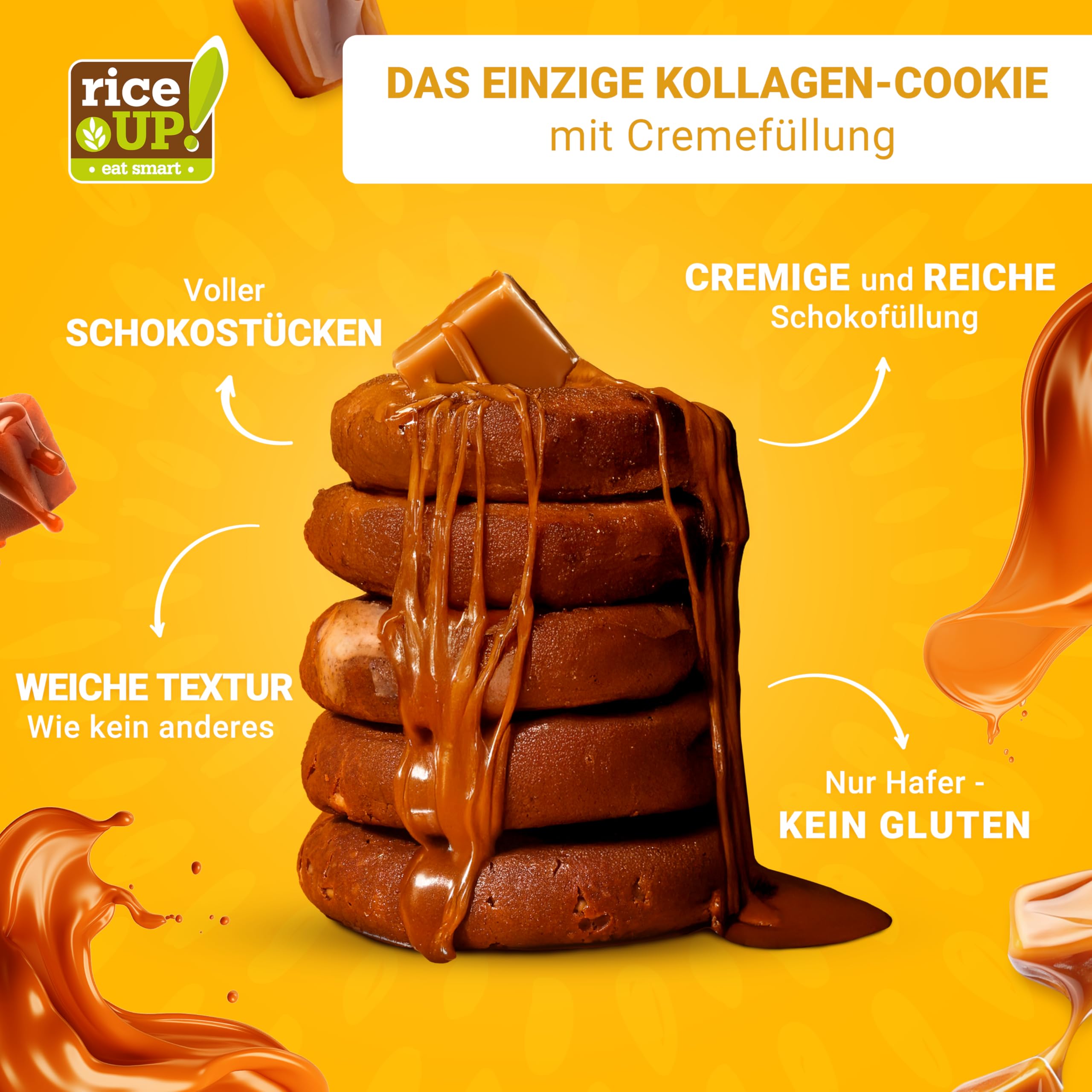 RiceUP! Eat Smart Weicher Protein Keks mit Kollagen – Toffee-Caramel-Geschmack, 10 x 60g | 8g Kollagen-Peptide (Typ I+III), 18g Protein, ohne Zuckerzusatz | GLUTENFREI (10 x 60g, Toffee)