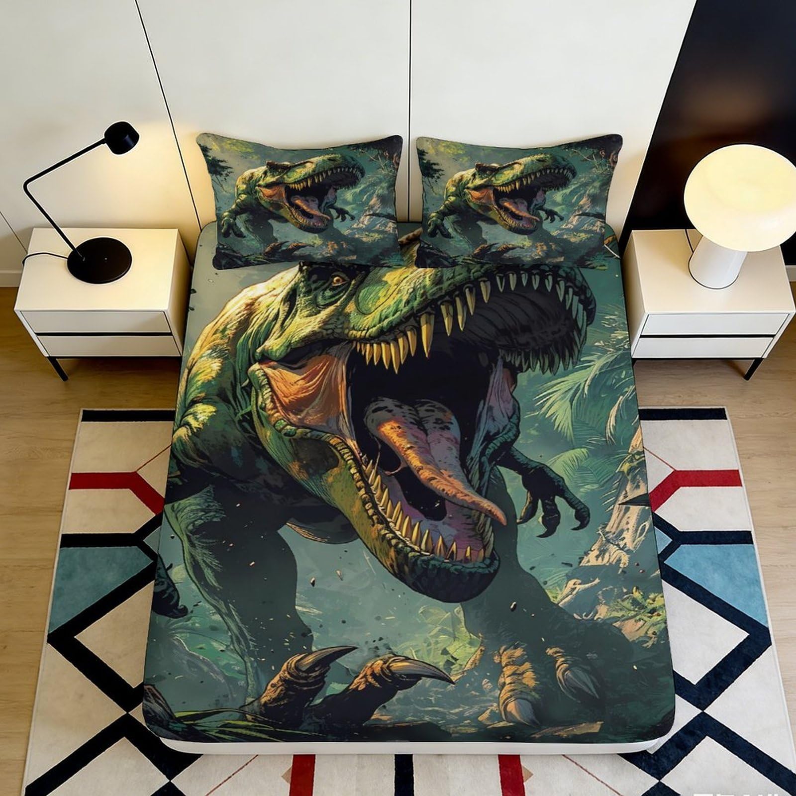 3D Printed Dinosaur Fitted Sheet Microfiber Soft Breathable Jungle Bed Cover with T-Rex Design for Bedroom Dormitory Guest Room Mattress Protection 180x200x25cm