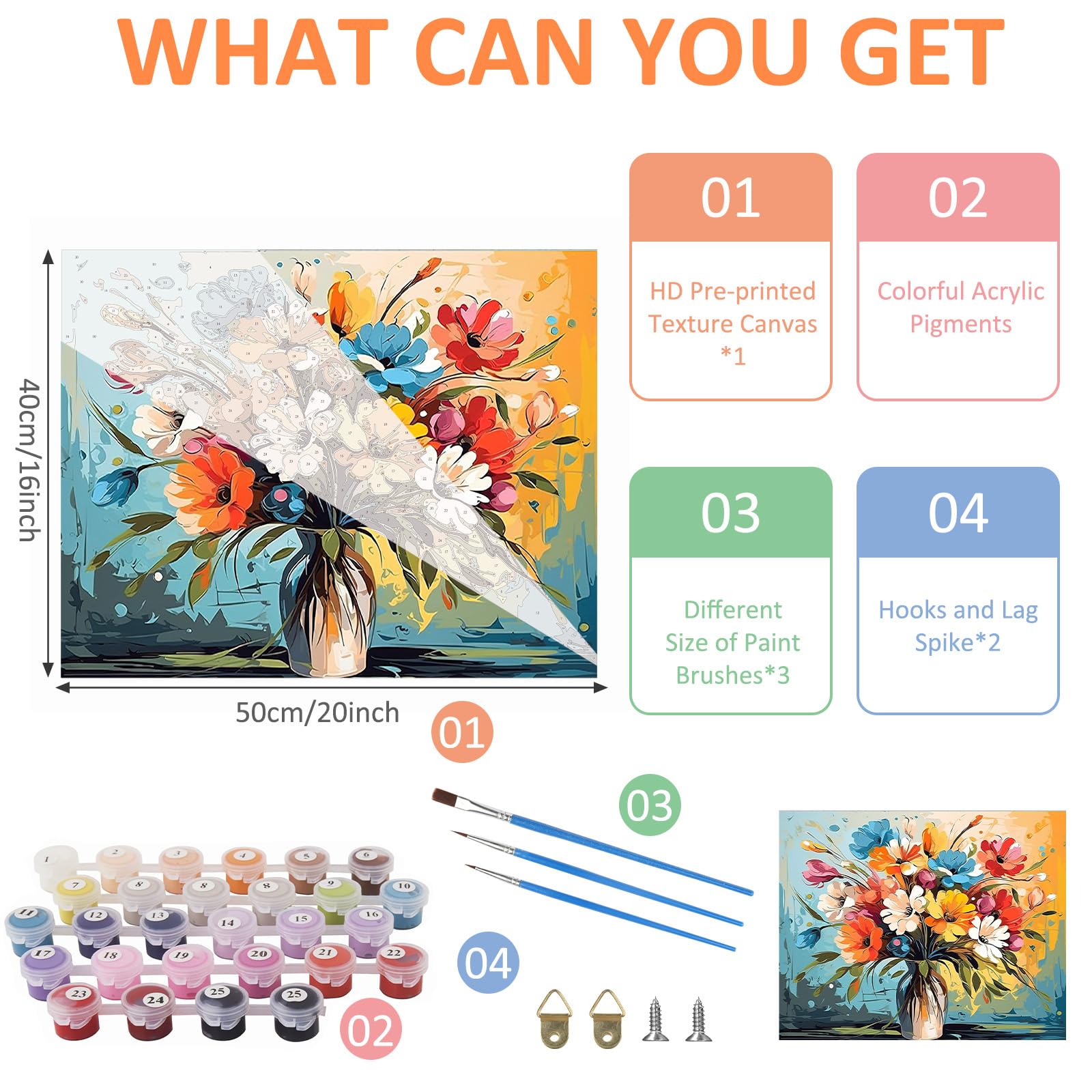 HEIBAGO Peinture Par Numéro Fleur – Kit Acrylique 40x50cm, 3 Pinceaux, Toile Prête, Débutants, Déco Maison, Cadeau