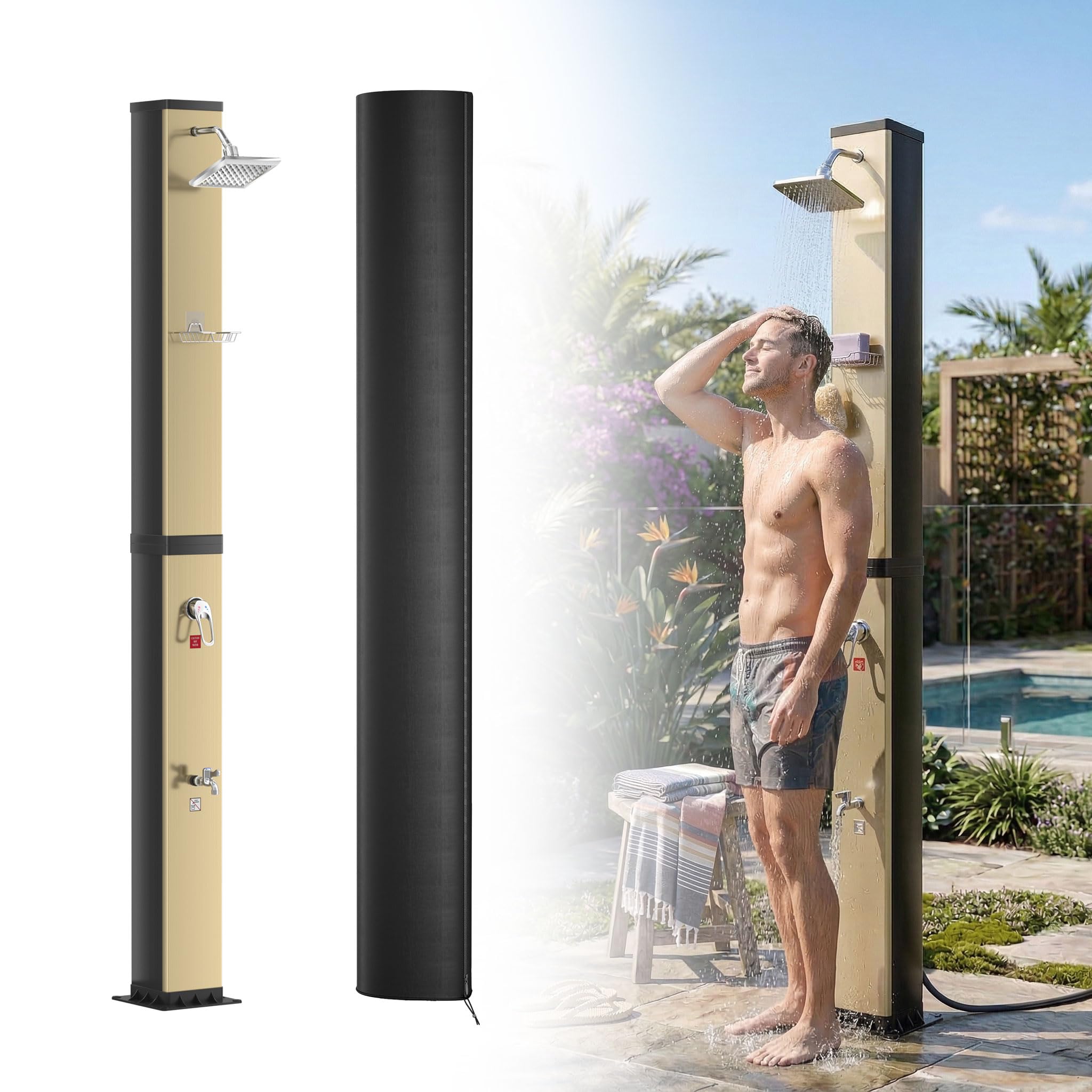 UISEBRT Solardusche 40 Liter mit Schutzhaube und 360° Duschkopf,Gartendusche einstellbare Temperatur bis 60°C,Pooldusche mit Fußdusche für Garten, Camping und Außenbereich,Gold