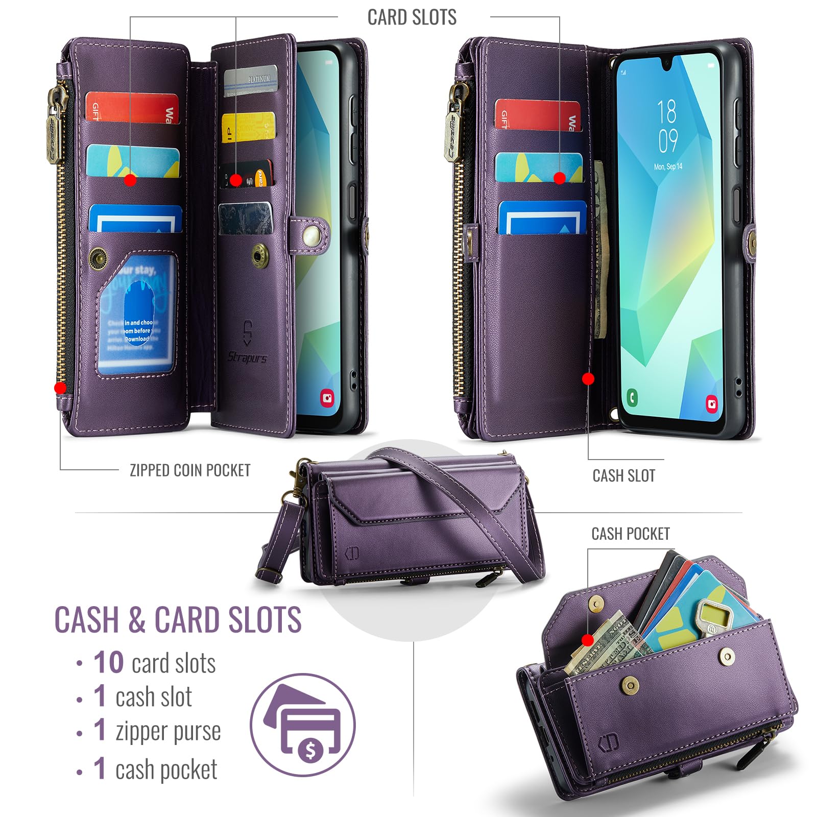 Strapurs Wallet Case Compatible with Samsung Galaxy A16 5G RFID Blocking Card Holder Soft PU Leather Magnetic Snap Shoulder Strap Zipper Pocket Phone Case Fit for Galaxy A16 6.5