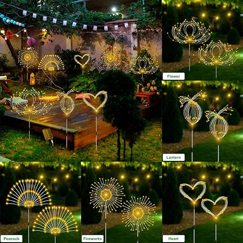 Miniatura 28 de Luces solares de jardín impermeables para exteriores, paquete de 2 120 luces LED solares de fuegos artificiales, decoración de jardín exterior