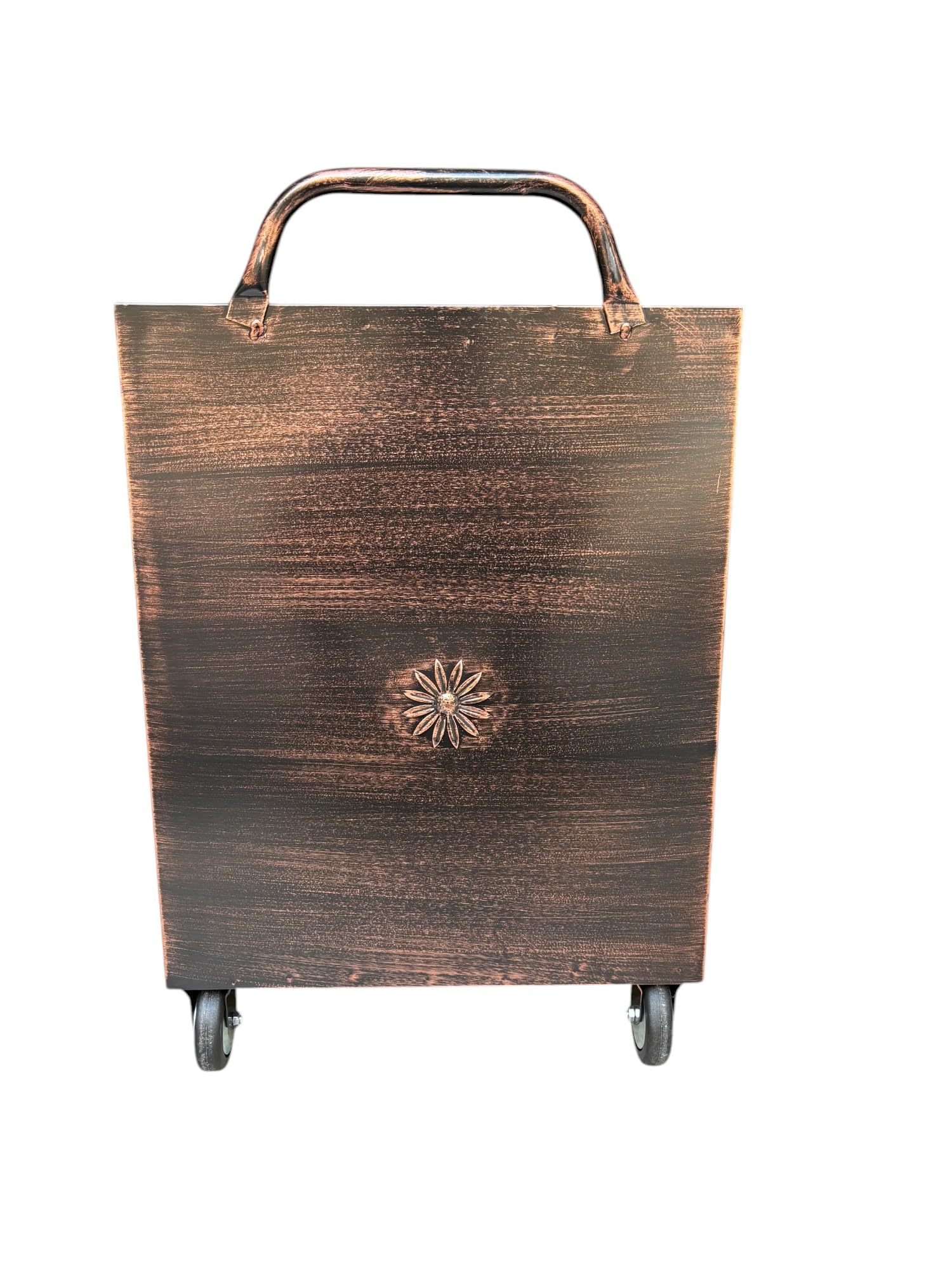 Porta Legna con Ruote, Porta Pellet, in Ferro Battuto, 52 x 50 x 84h cm, Motivo Floreale, Per Camino e Stufe (Rame)