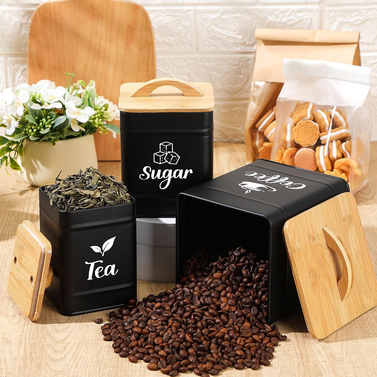 Maxdot 3 Set Coffee Sugar Tea Containers, Square Airtight Kitchen Canisters Storage Ground Organization with Bamboo Lids Rustic Metal Jars for Coffee Bar Beans, Tea Leaves, Food, Countertop(Black)