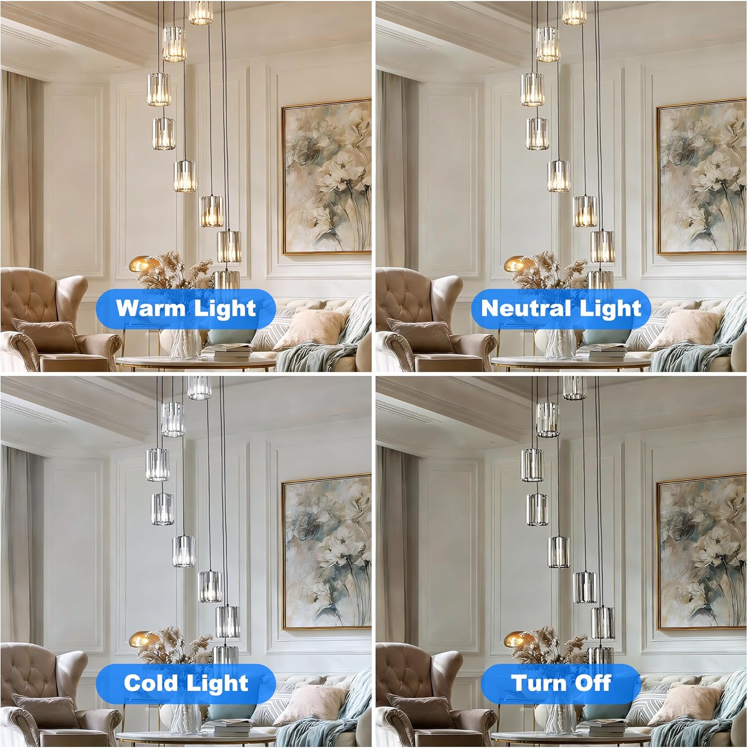 OKELI Modern Long Crystal Chandeliers for High Ceilings, 8-Light Long Black Crystal Pendant Light, Large Round Chandelier High Ceiling Mount for Entryway, Staircase, Foyer