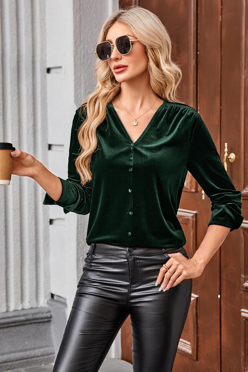 Newshows Women's Velvet Tops Dressy Casual Long Sleeve Smocked Work Blouses Trendy Blusas Elegantes Button Down Shirts - Image 3