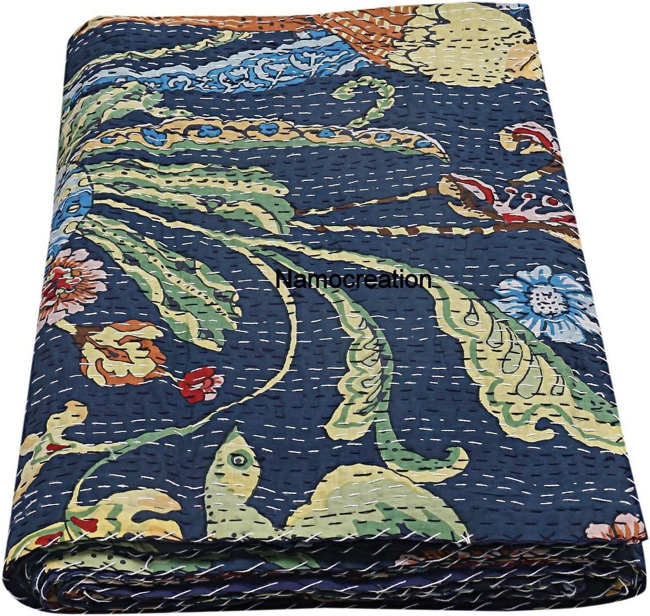 Blue Indian 100% Cotton Peacock Animal Print Kantha Home Decor Handmade Quilt Handblock Sofa Cover Bohemian Bedspread bedcover Throw Blanket Twin Size 60X90 Inches