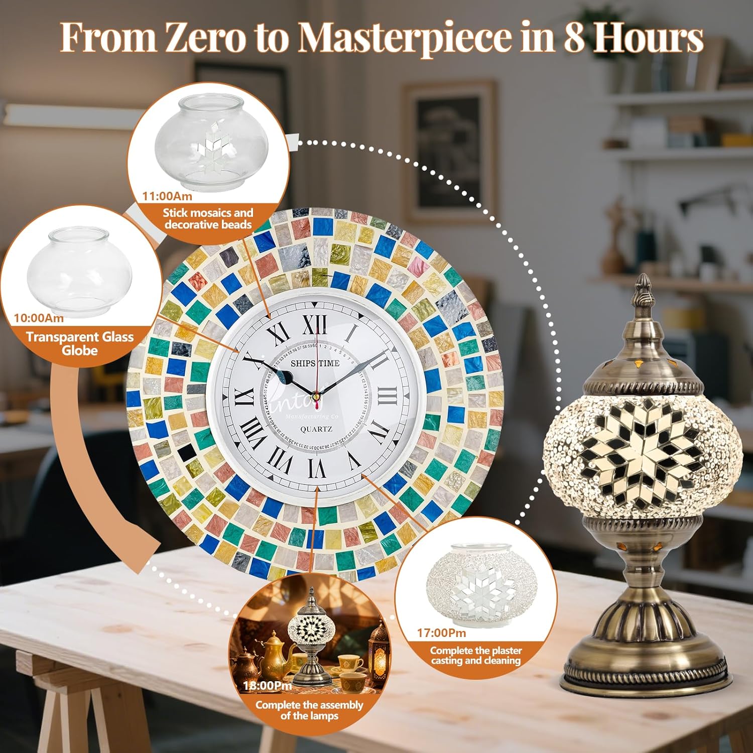 DIY Turkish Mosaic Lamp Kit, Stained Glass Table Lamp Making Kit- Easy and Fun, No Experience Needed, Mosaic Art & Craft Project Kits for Adults & Teens, Make Your Own Table Lamp,White