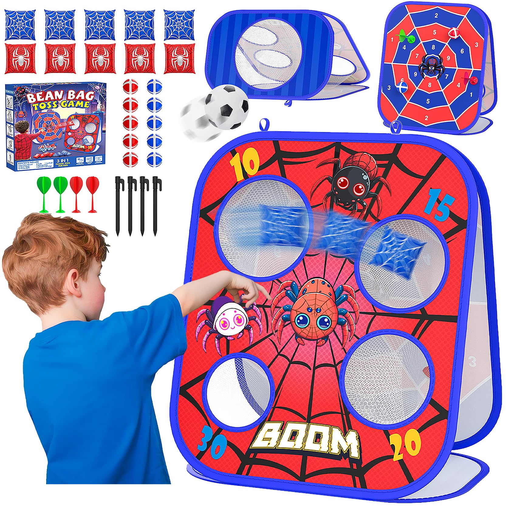 Spider Bean Bag Toss Game, 3-1 Cornhole Board Outdoor Toys for Kids, Family Party Activity Toddler Yard Backyard Beach Lawn Party Camping Game Toys for 3 4 5 6 7 8 Year Old Boys Girls Birthday Gift
