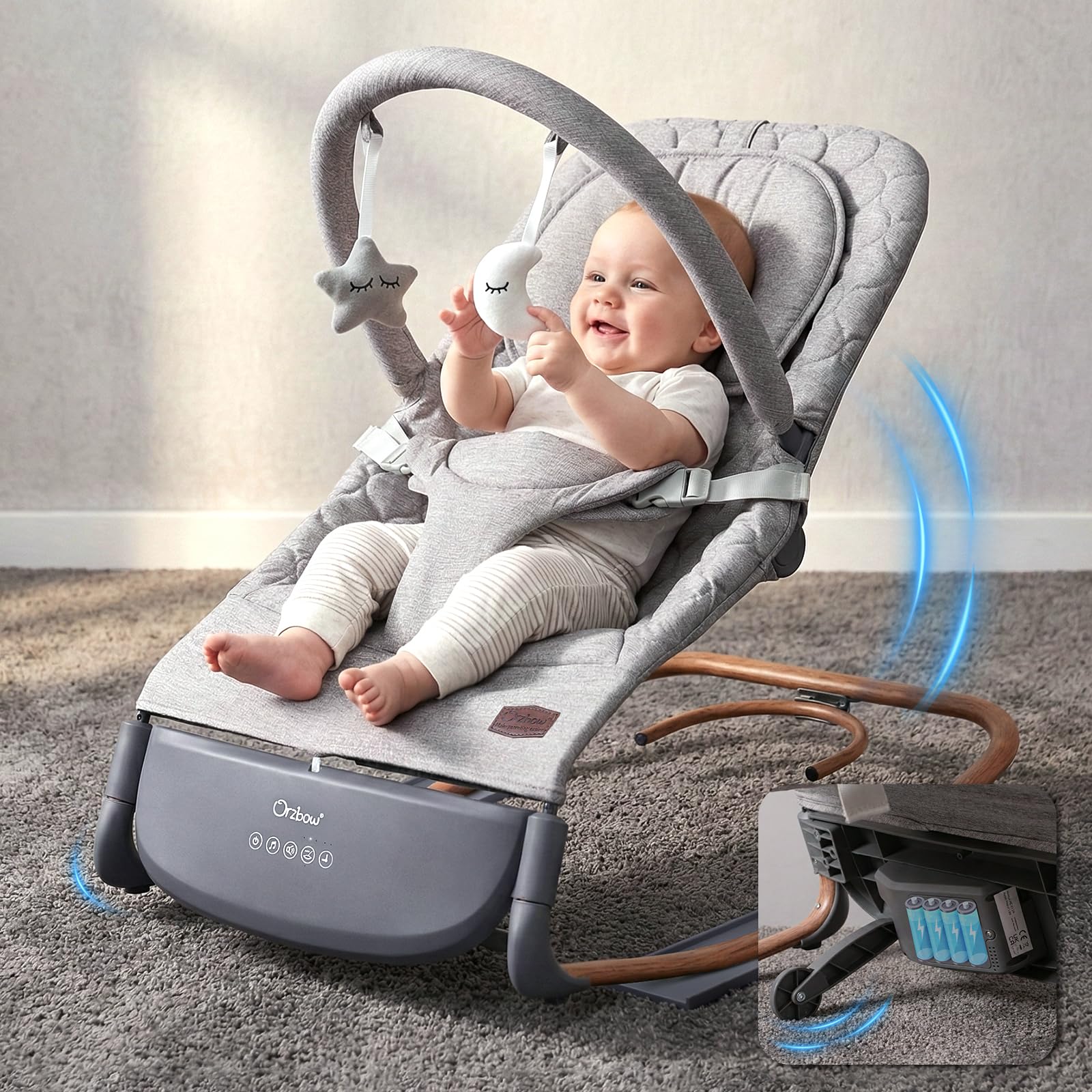 Transat Bebe Electrique, Balancelle Bebe Electrique Evolutif avec Capteur de Tapotement, 3 Vitesses & Panneau Tactile, 2 Modes Minuterie (30/60 Min), 8 Berceuses, 0-12 Mois, à 18 kg, Gris Perle