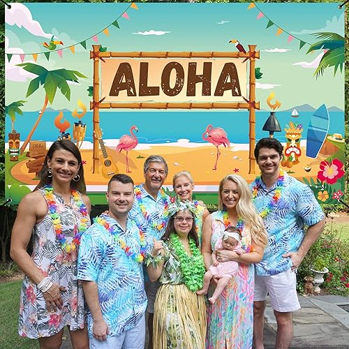 Miniatura 4 de ANATANOWOR Decoraciones de fiesta Luau, suministros de decoración de fiesta temática hawaiana de verano en la playa, pancarta grande de fiesta Aloha