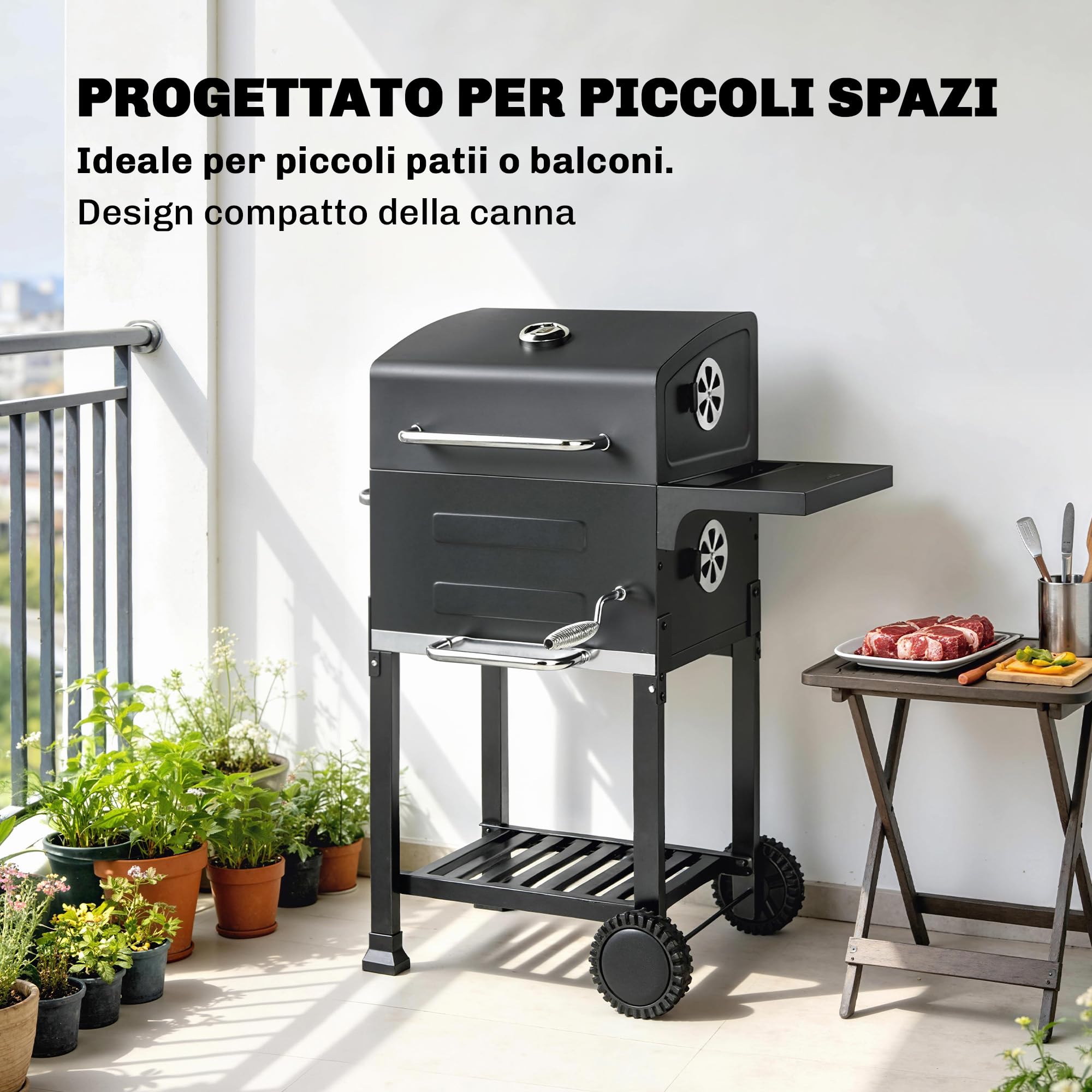 Outsunny Barbecue Carbonella Stretto z Rusztem, Regulowany Nawiew, Wózek BBQ z Pokrywą, Stal, Półka, Termometr, Popielnik, Czarny