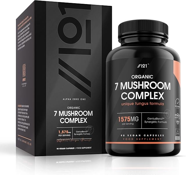 Organic Mushroom Complex 1575mg | Seven Mushrooms: Reishi, Cordyceps, Lion's Mane, White Fungus, Maitake, Shitake & Chaga | Non-GMO, Halal. 90 Vegan Capsules