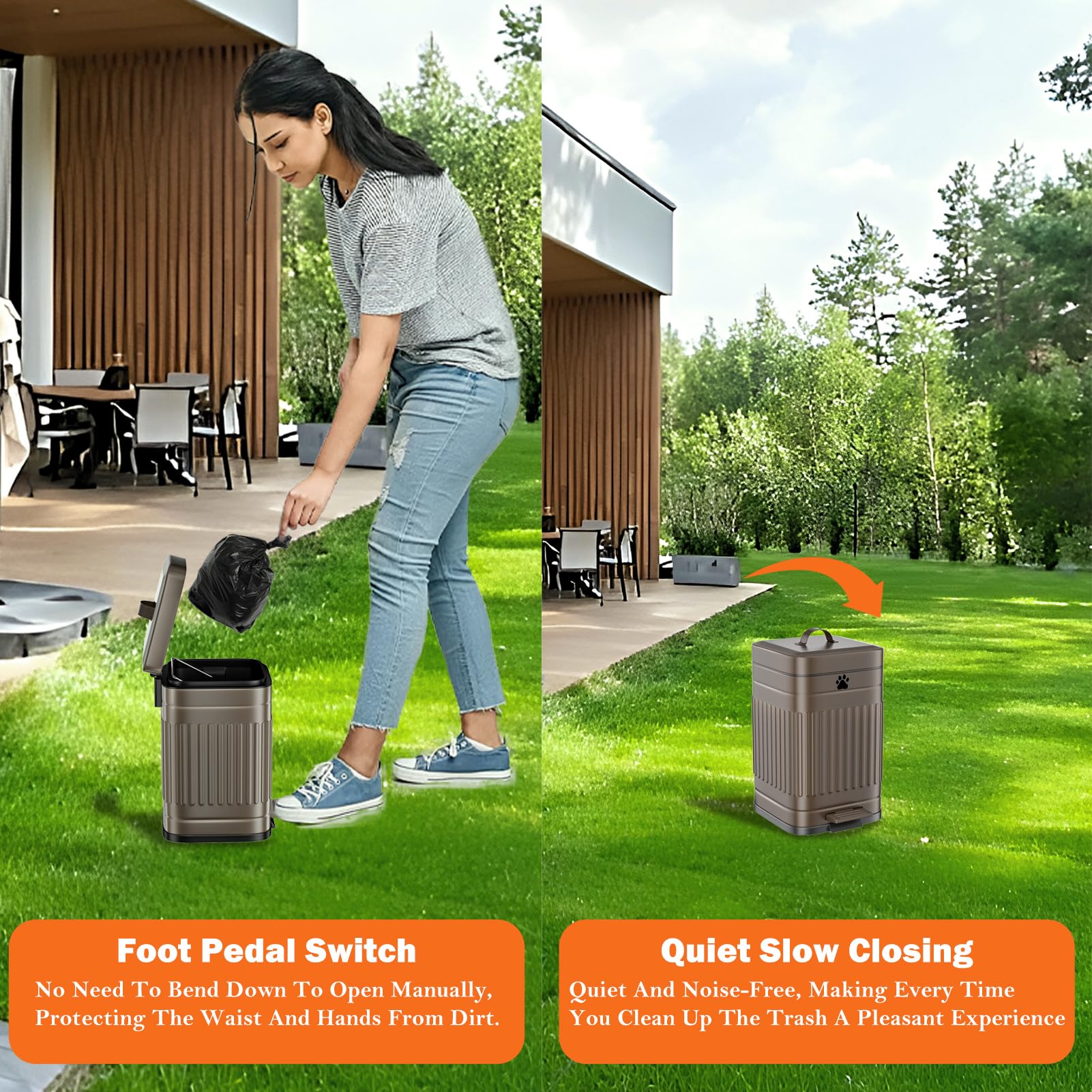 Bote de basura para excrementos de perro en el exterior, cubo de basura de metal para exteriores con tapa, pedal de pie, cubo de basura para perros con 40 bolsas de basura para perros, cubo